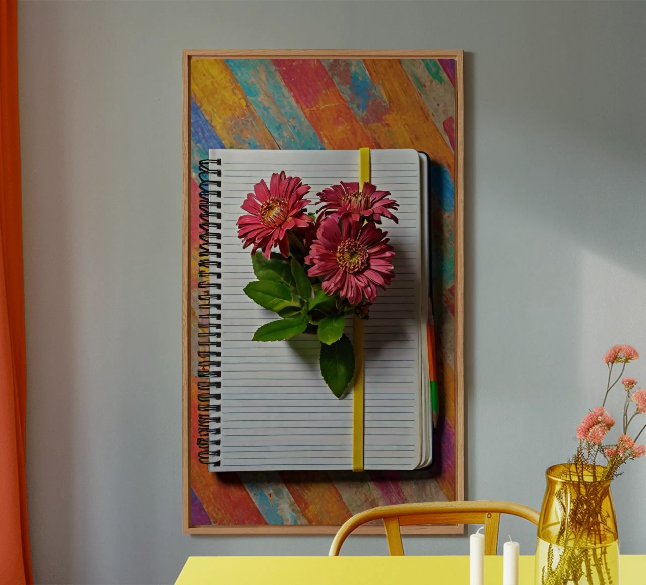 Un taccuino vivace con fiori rosa appoggiati in cima, che mette in mostra alluminio dibond da DesignDoodle