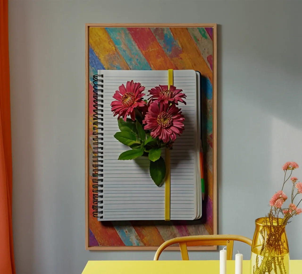 A vibrant notebook with pink flowers resting atop, showcasin alu-dibond by DesignDoodle