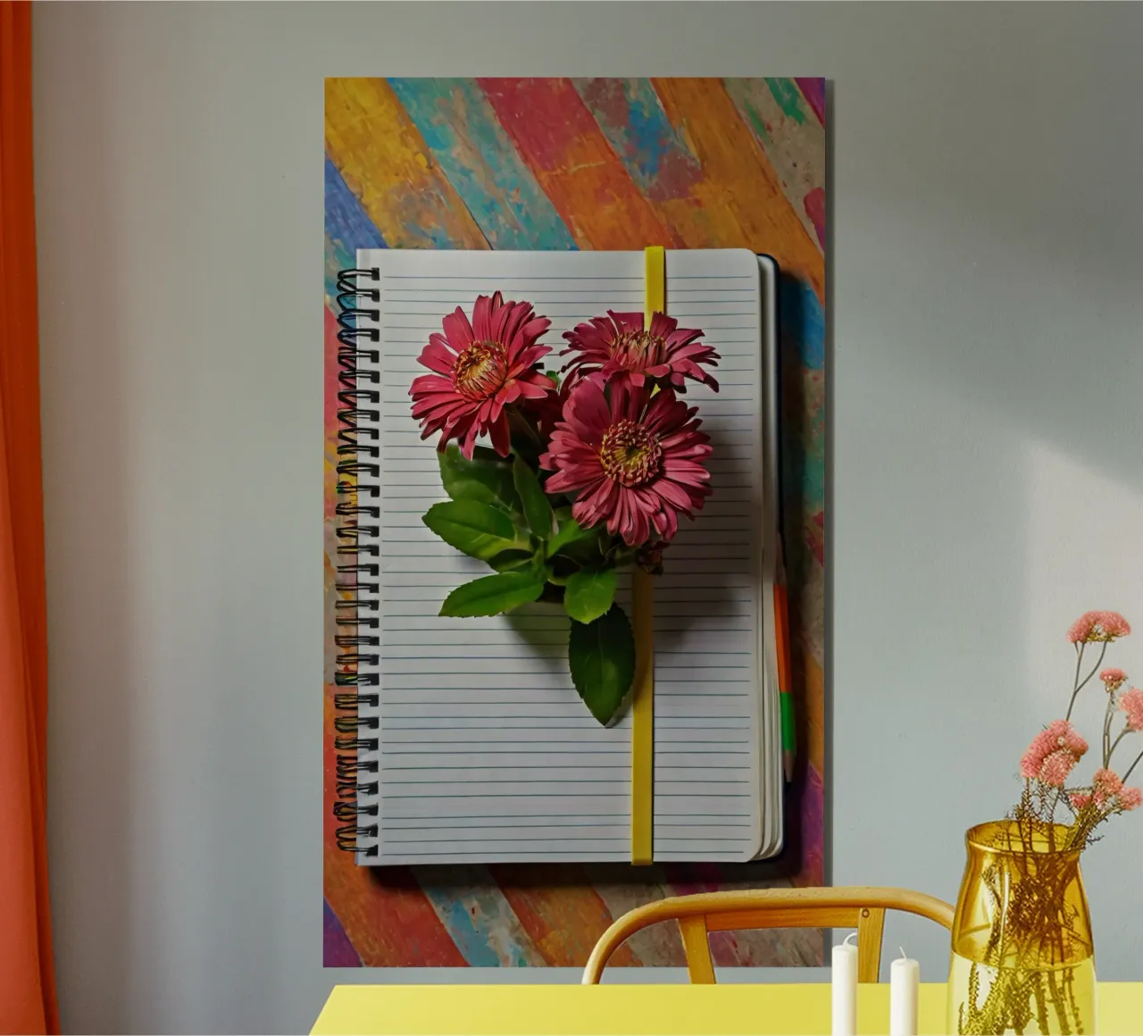 A vibrant notebook with pink flowers resting atop, showcasin alu-dibond by DesignDoodle
