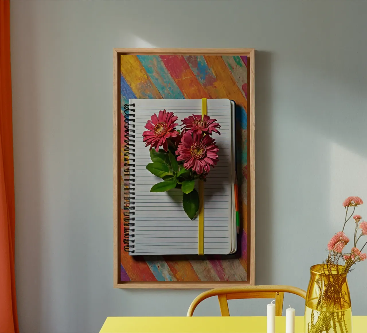 Un taccuino vivace con fiori rosa appoggiati in cima, che mette in mostra tela da DesignDoodle