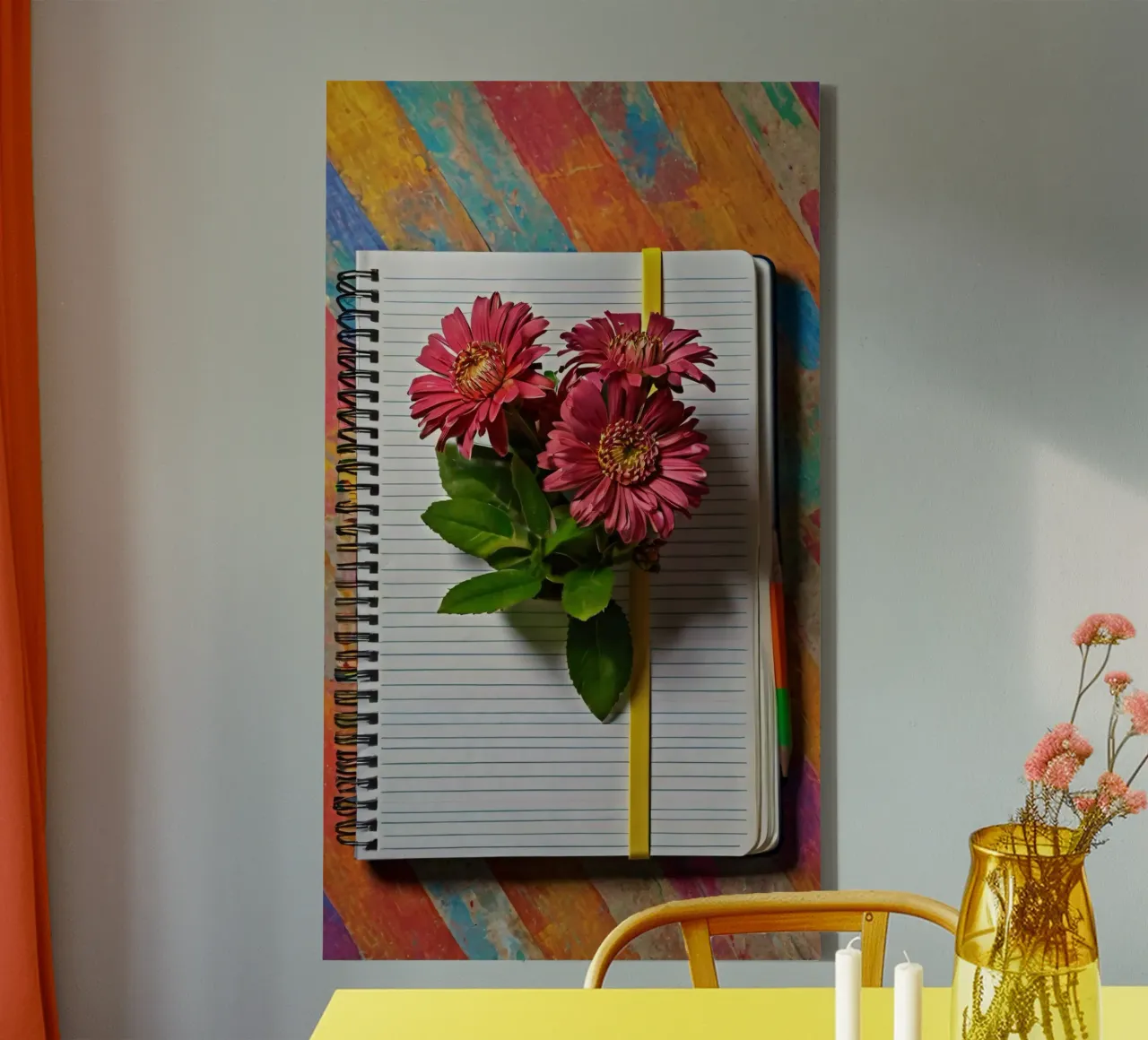 Un carnet de notes vibrant sur lequel reposent des fleurs roses. toile de DesignDoodle