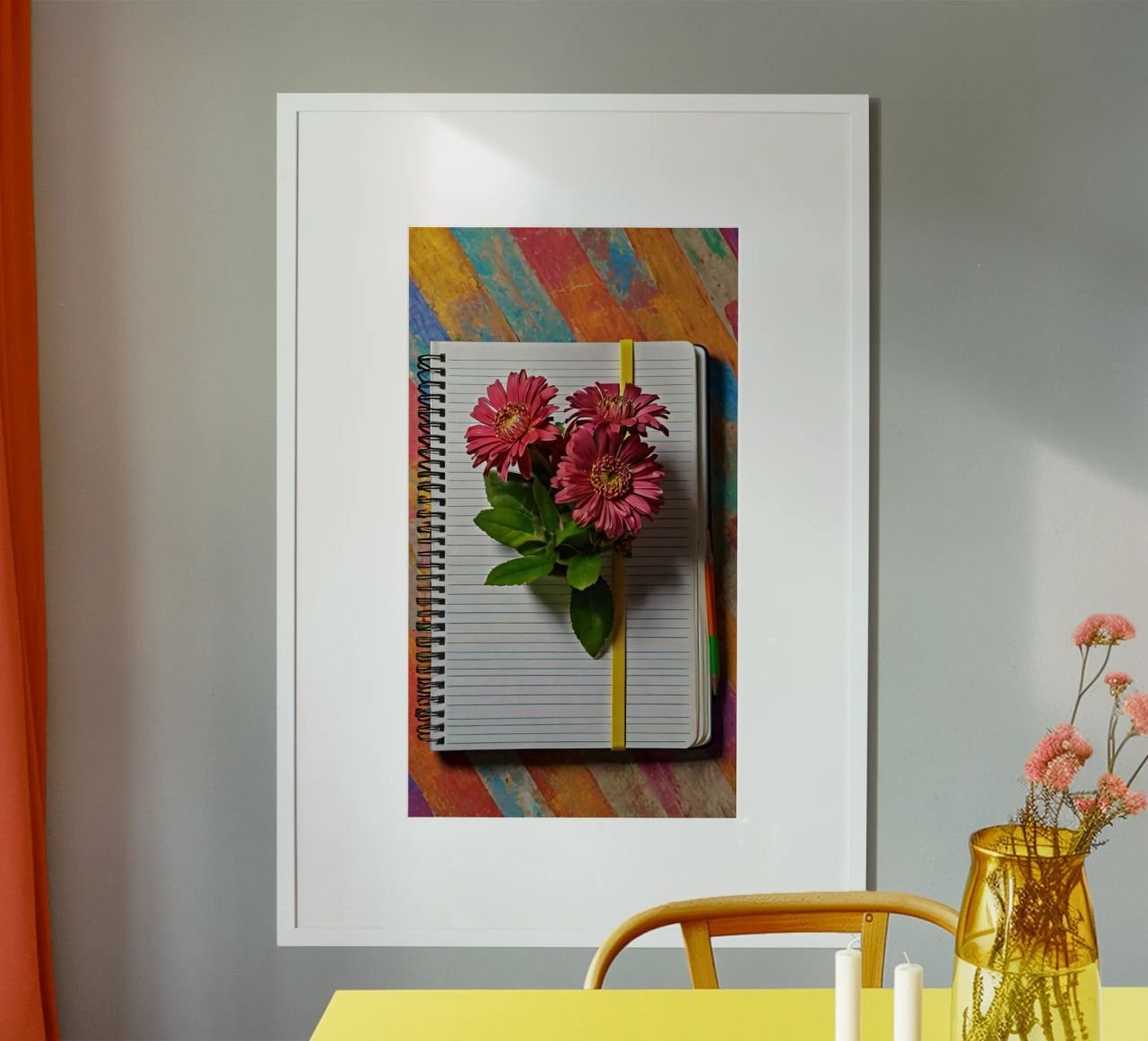 Un taccuino vivace con fiori rosa appoggiati in cima, che mette in mostra carta hahnemühle da DesignDoodle