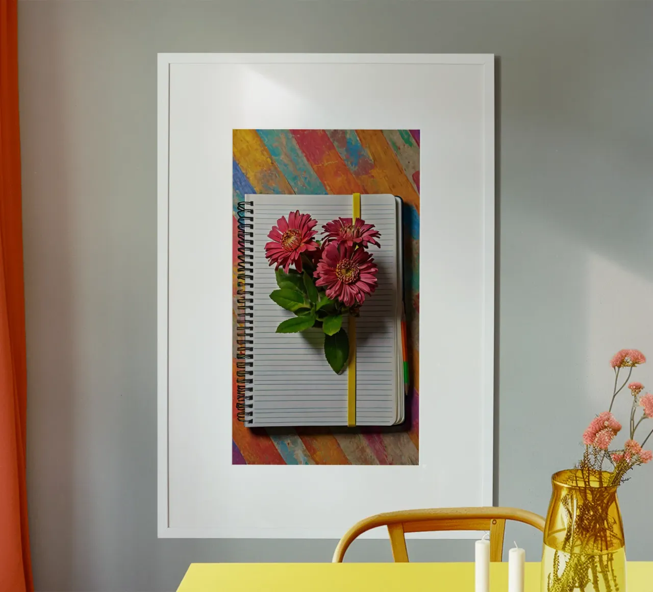 Un taccuino vivace con fiori rosa appoggiati in cima, che mette in mostra carta hahnemühle da DesignDoodle