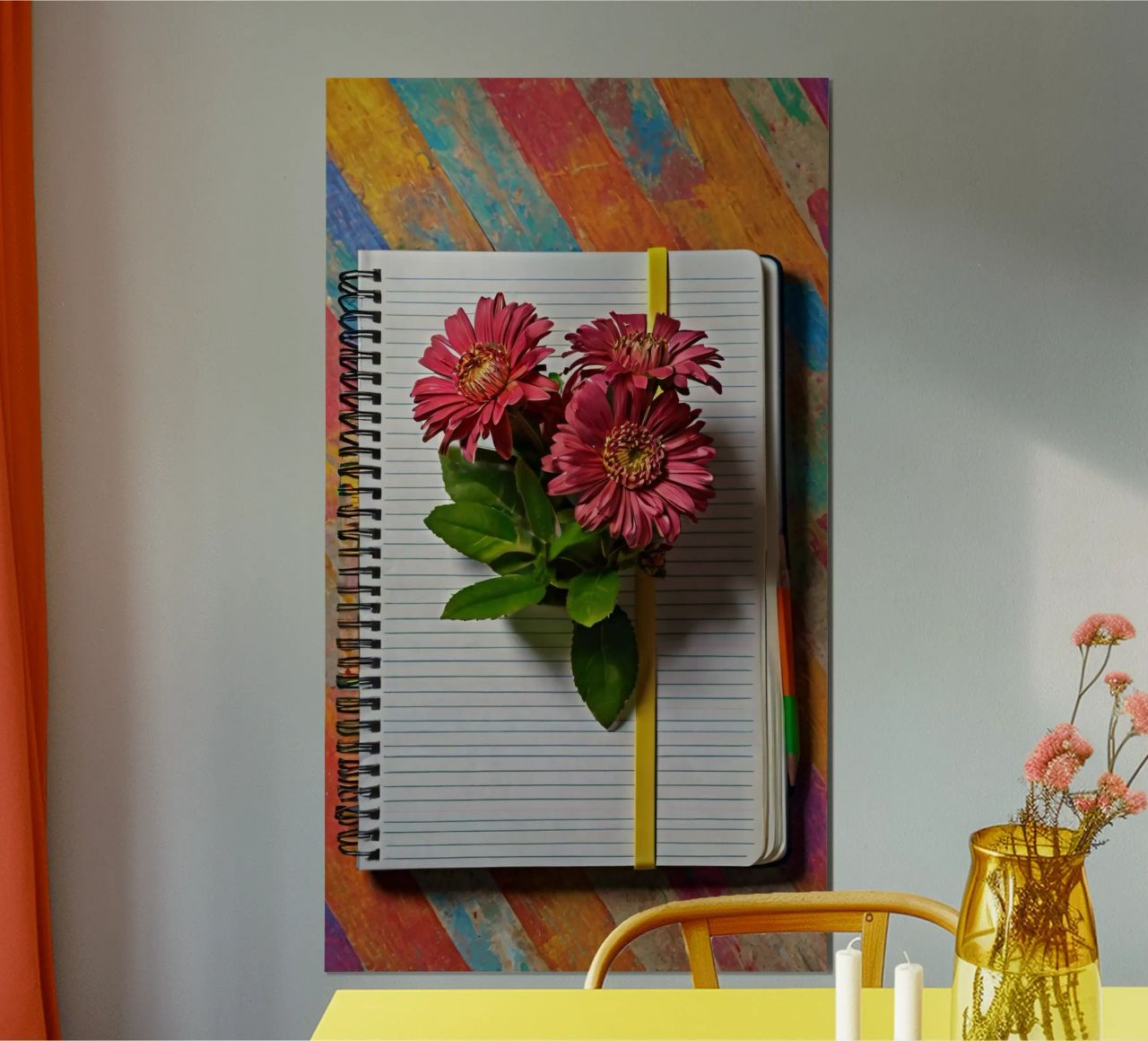 Un taccuino vivace con fiori rosa appoggiati in cima, che mette in mostra carta hahnemühle da DesignDoodle