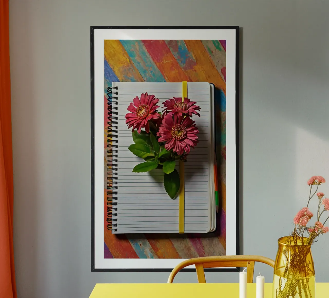 A vibrant notebook with pink flowers resting atop, showcasin hahnemühle by DesignDoodle