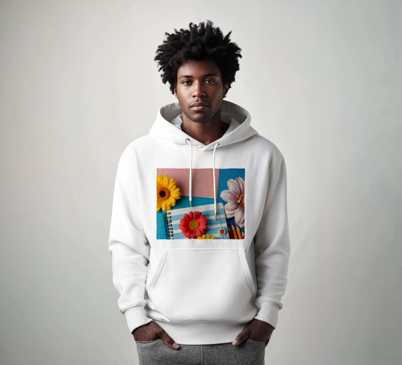 Taccuino colorato ornato di fiori e circondato da matite felpa con cappuccio da DesignDoodle