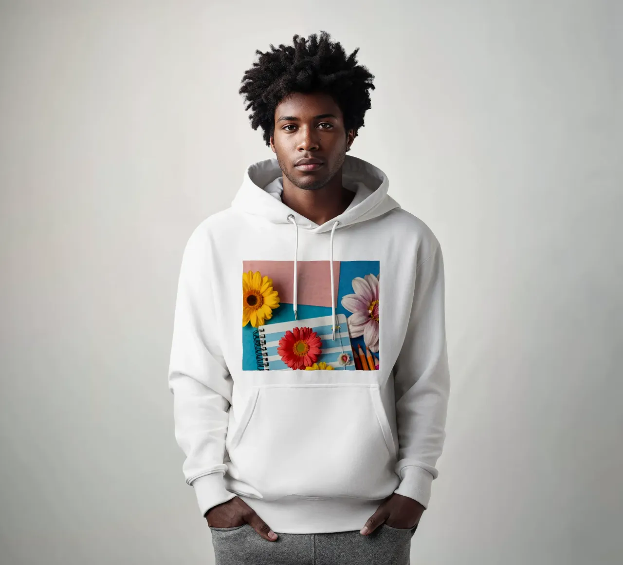 Taccuino colorato ornato di fiori e circondato da matite felpa con cappuccio da DesignDoodle