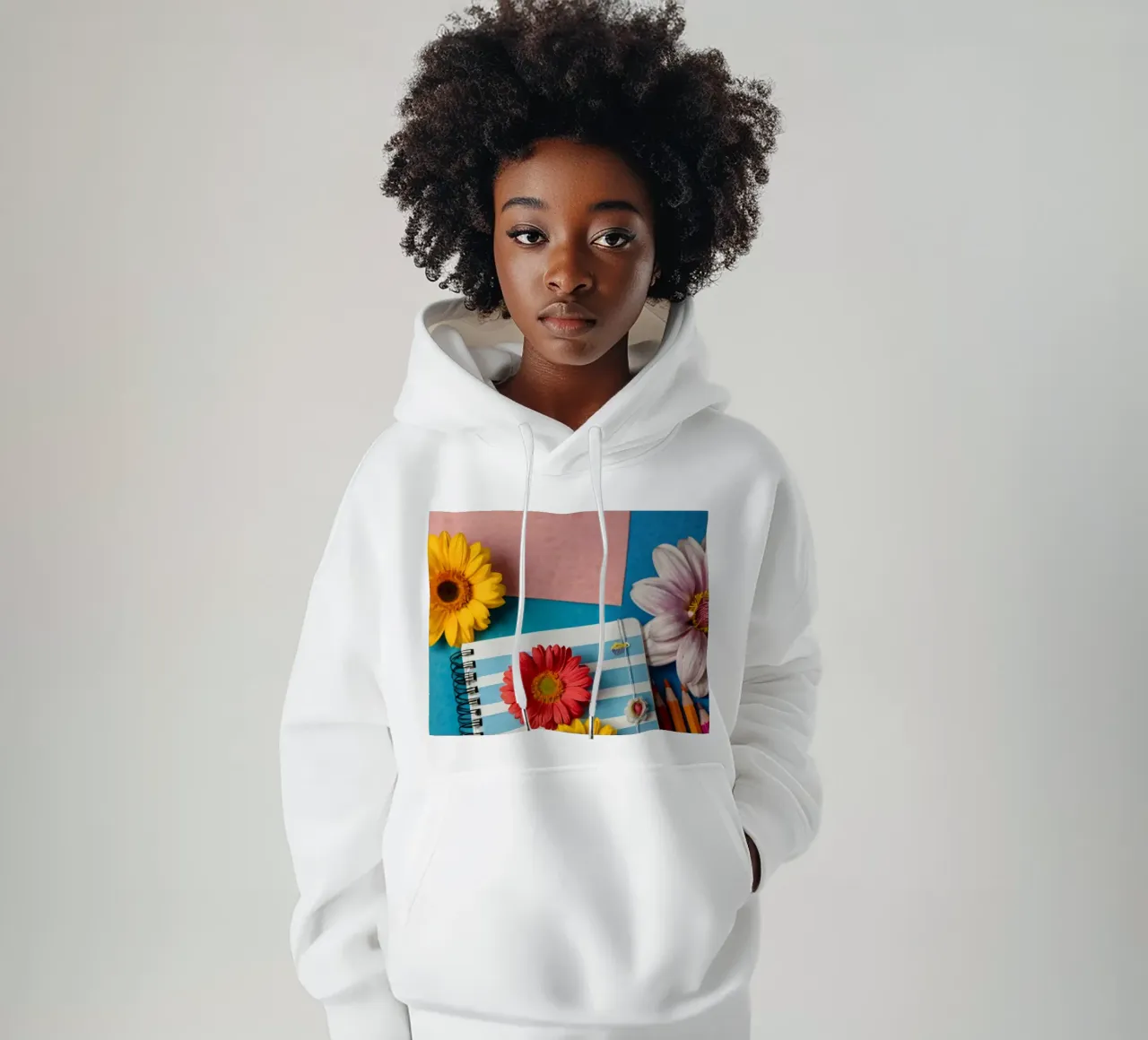 Taccuino colorato ornato di fiori e circondato da matite felpa con cappuccio da DesignDoodle