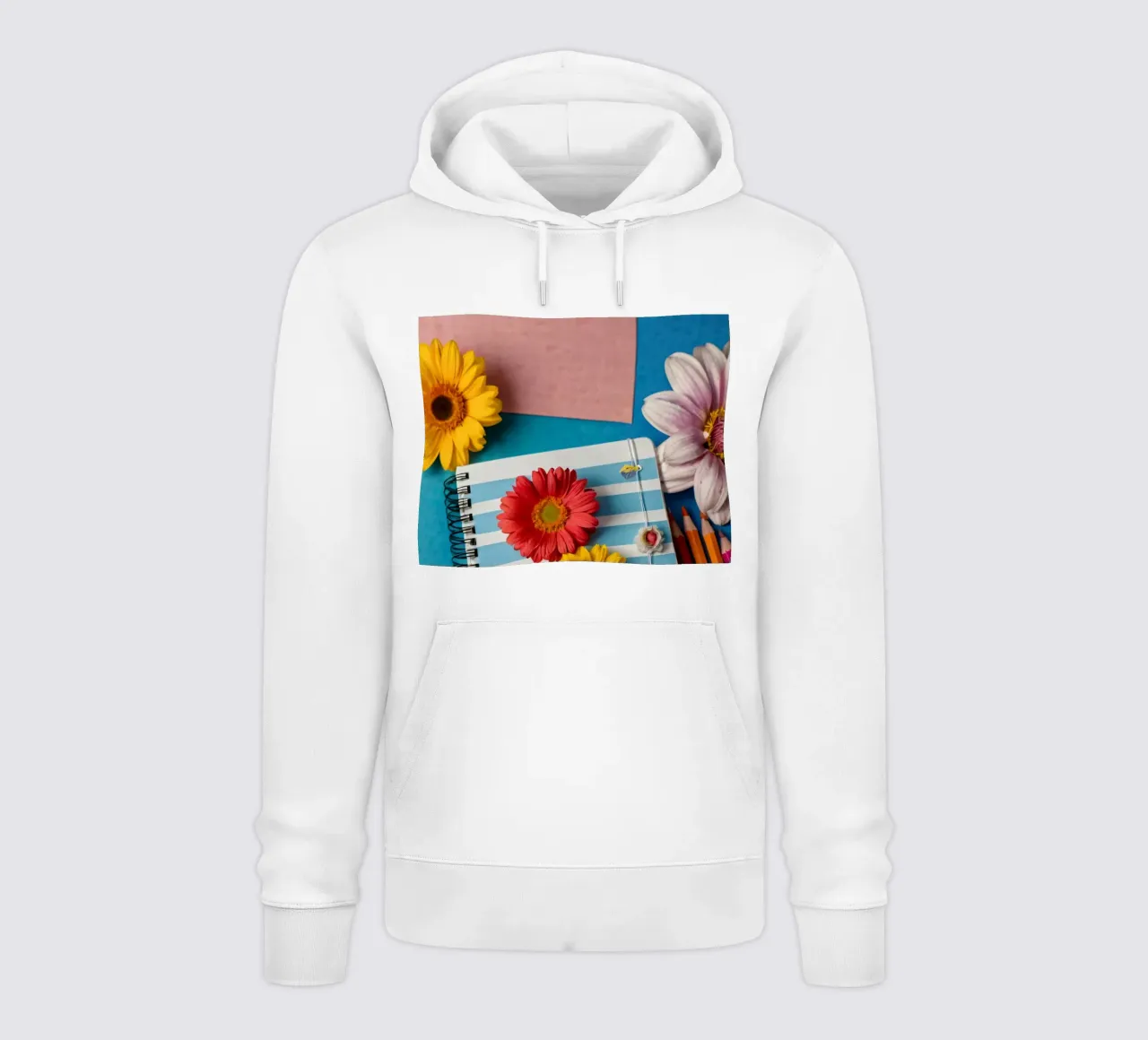 Taccuino colorato ornato di fiori e circondato da matite felpa con cappuccio da DesignDoodle