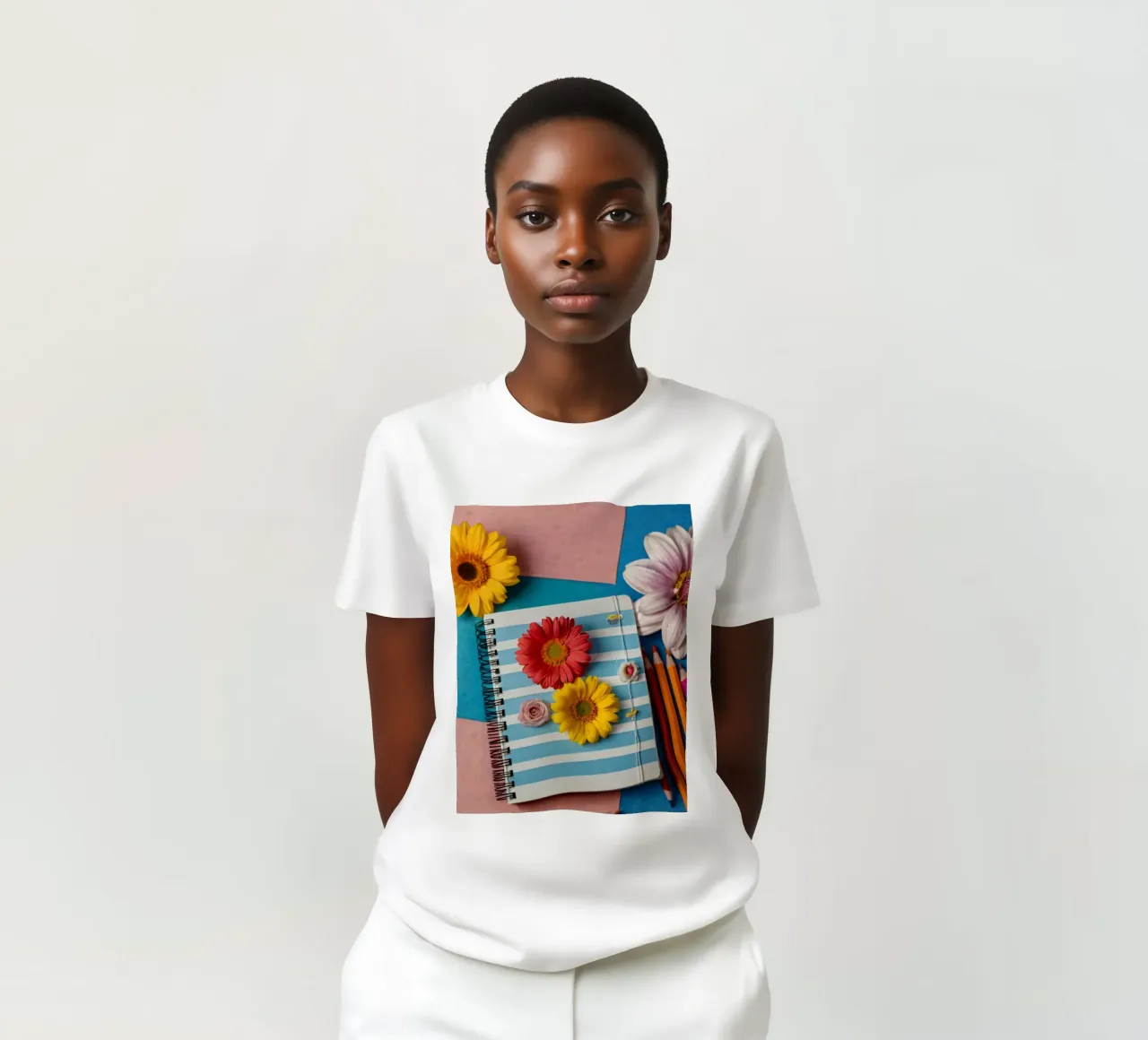 Taccuino colorato ornato di fiori e circondato da matite t-shirt da DesignDoodle