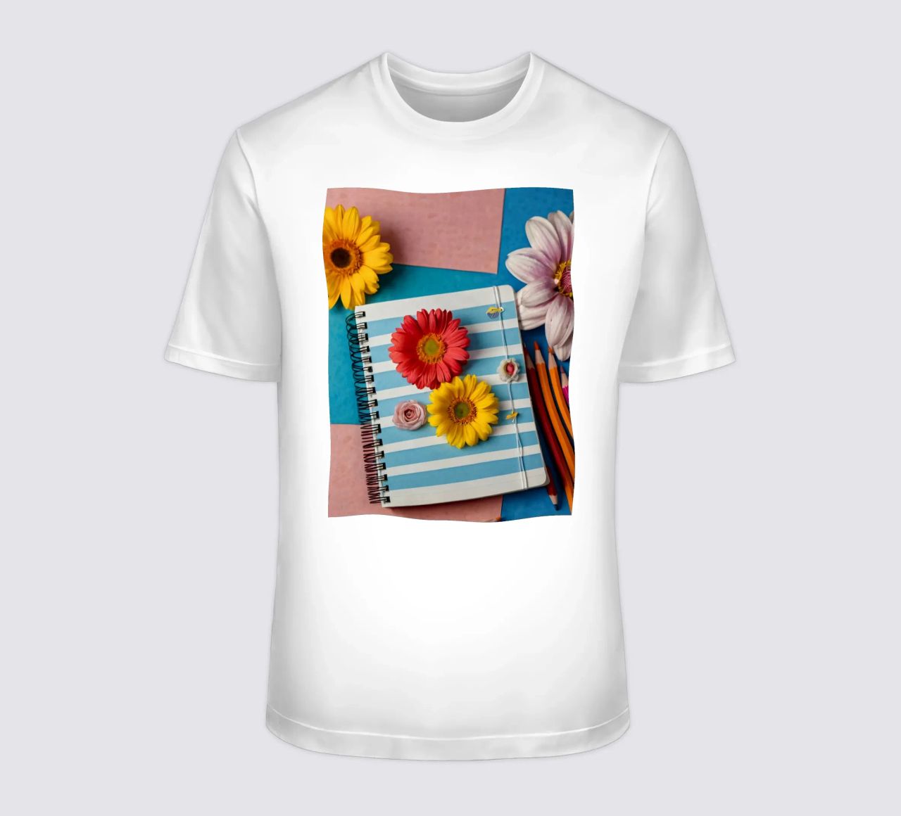 Taccuino colorato ornato di fiori e circondato da matite t-shirt da DesignDoodle