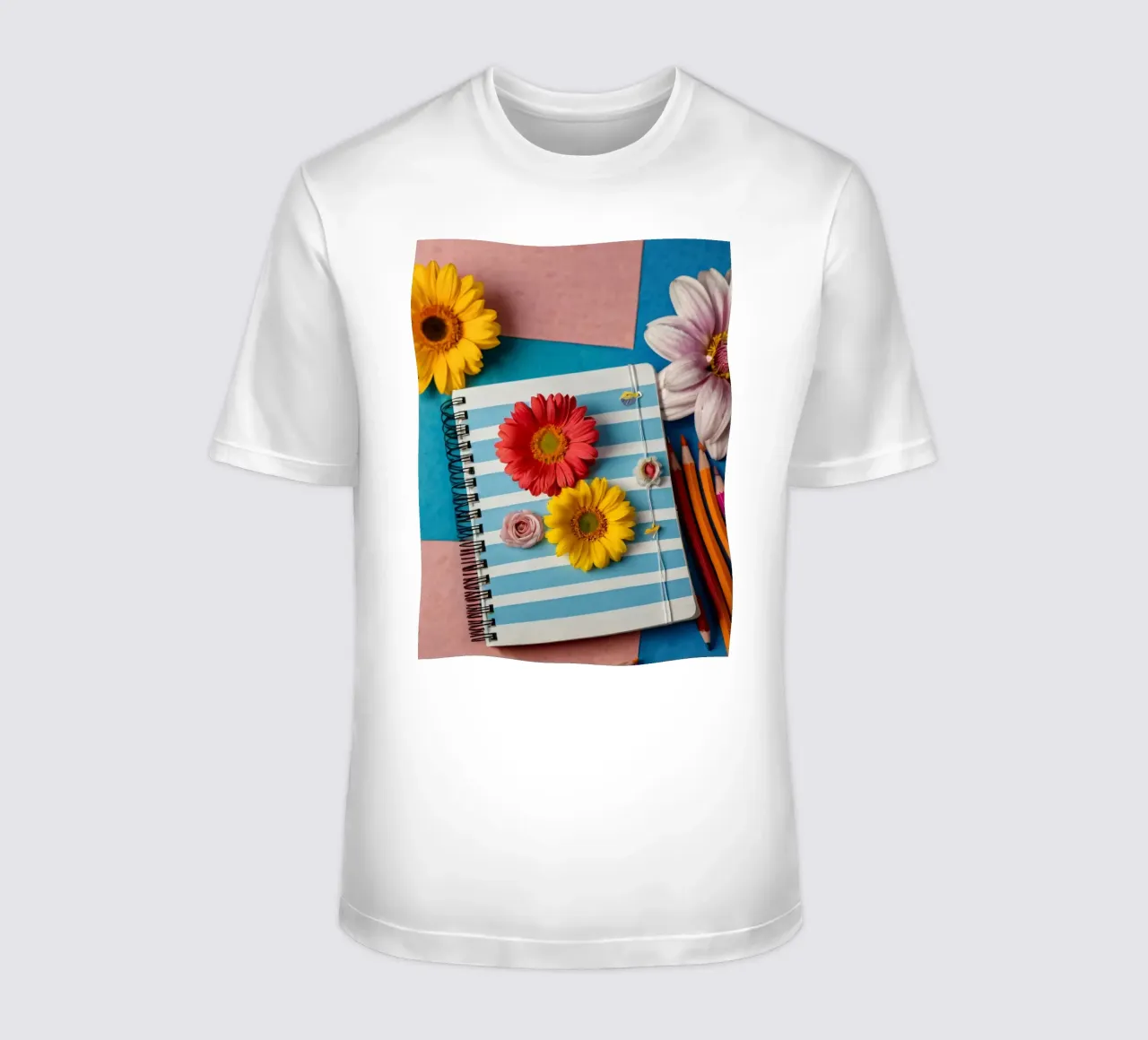 Taccuino colorato ornato di fiori e circondato da matite t-shirt da DesignDoodle