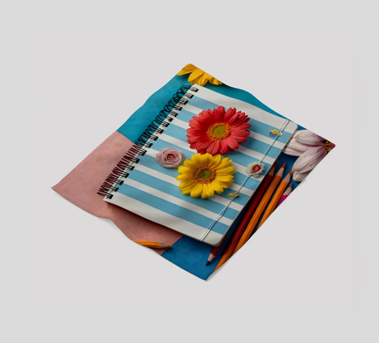 Colorful notebook adorned with flowers surrounded by pencils fleece blanket by DesignDoodle