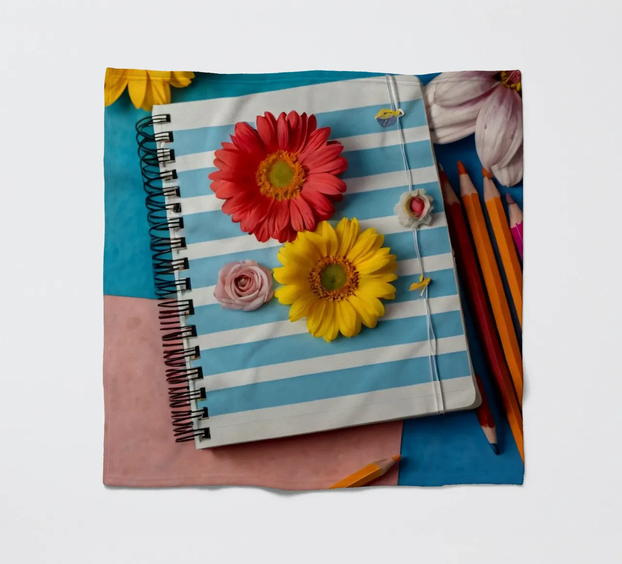 Colorful notebook adorned with flowers surrounded by pencils fleece blanket by DesignDoodle