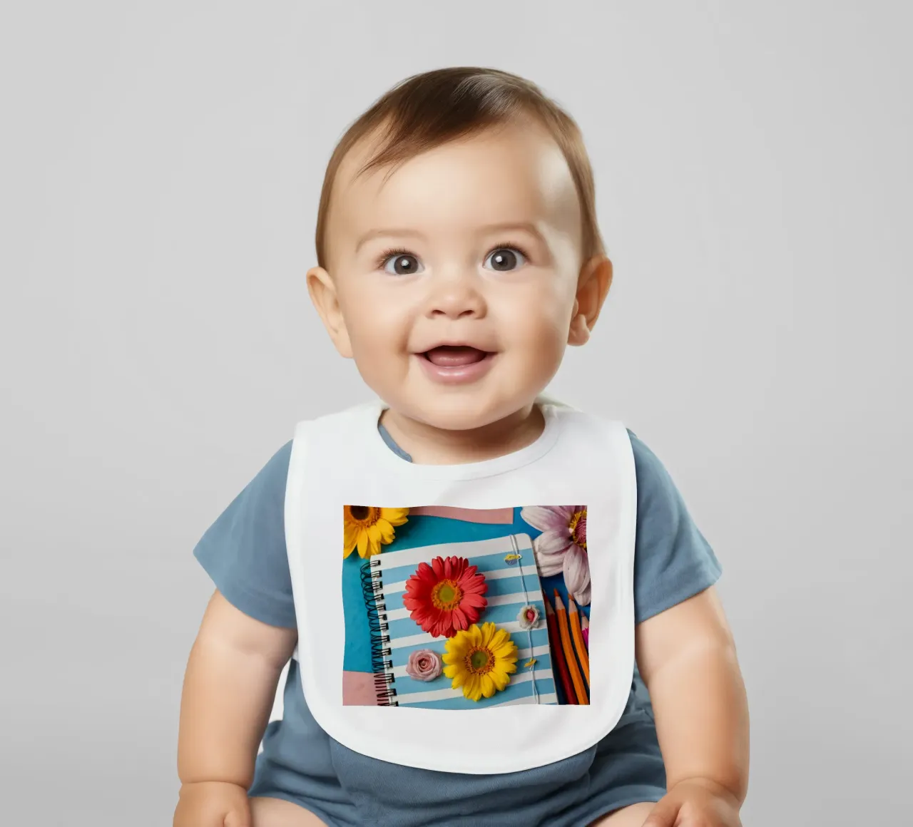 Taccuino colorato ornato di fiori e circondato da matite bavaglino da DesignDoodle