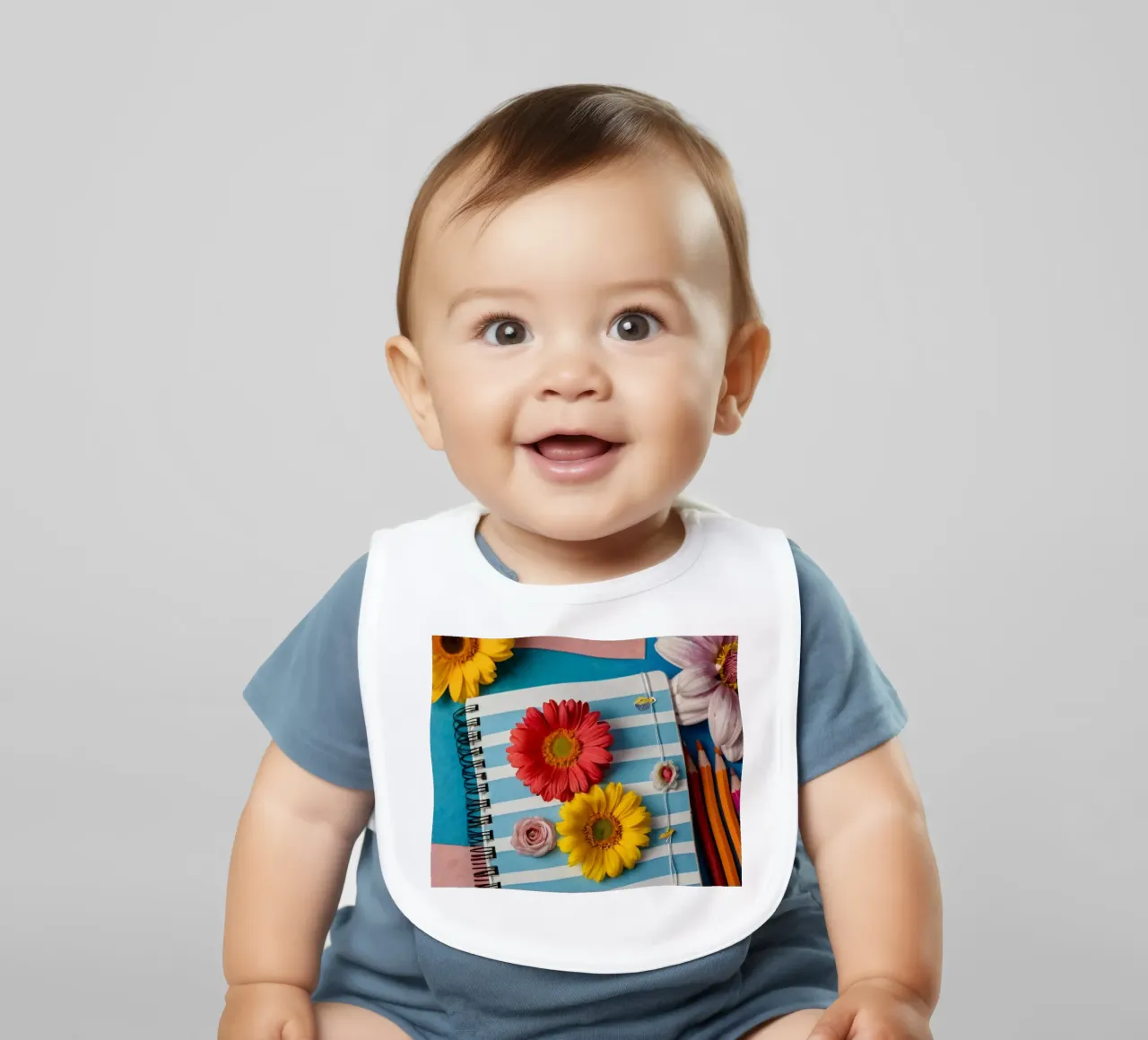 Colorful notebook adorned with flowers surrounded by pencils baby bib by DesignDoodle