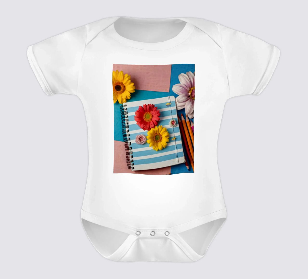 Colorful notebook adorned with flowers surrounded by pencils short-sleeve baby romper by DesignDoodle