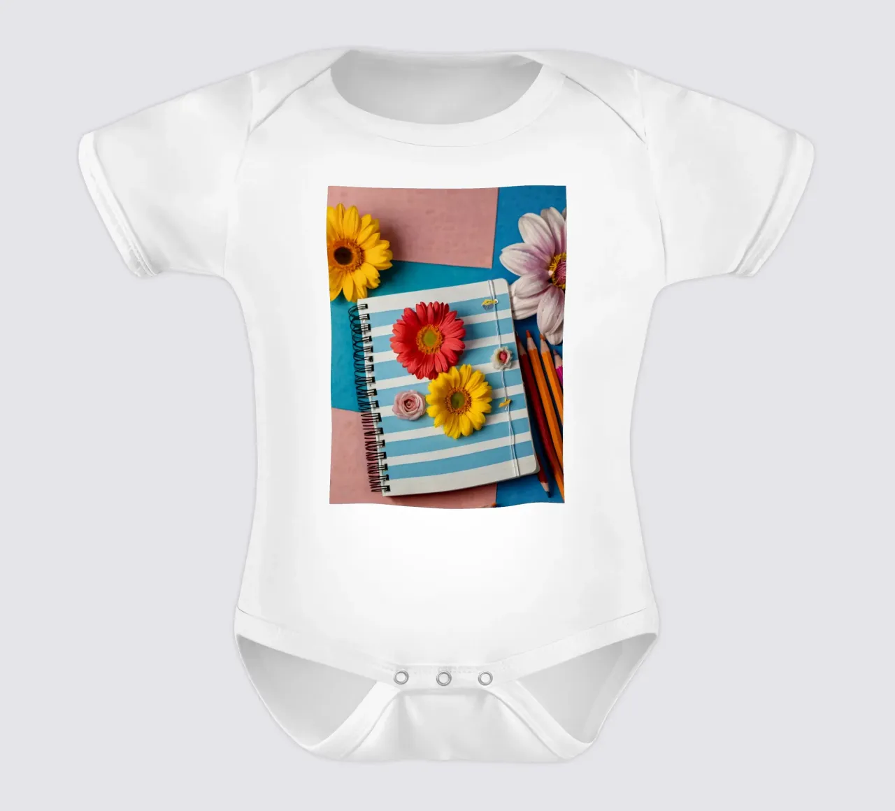 Taccuino colorato ornato di fiori e circondato da matite body neonato maniche corte da DesignDoodle