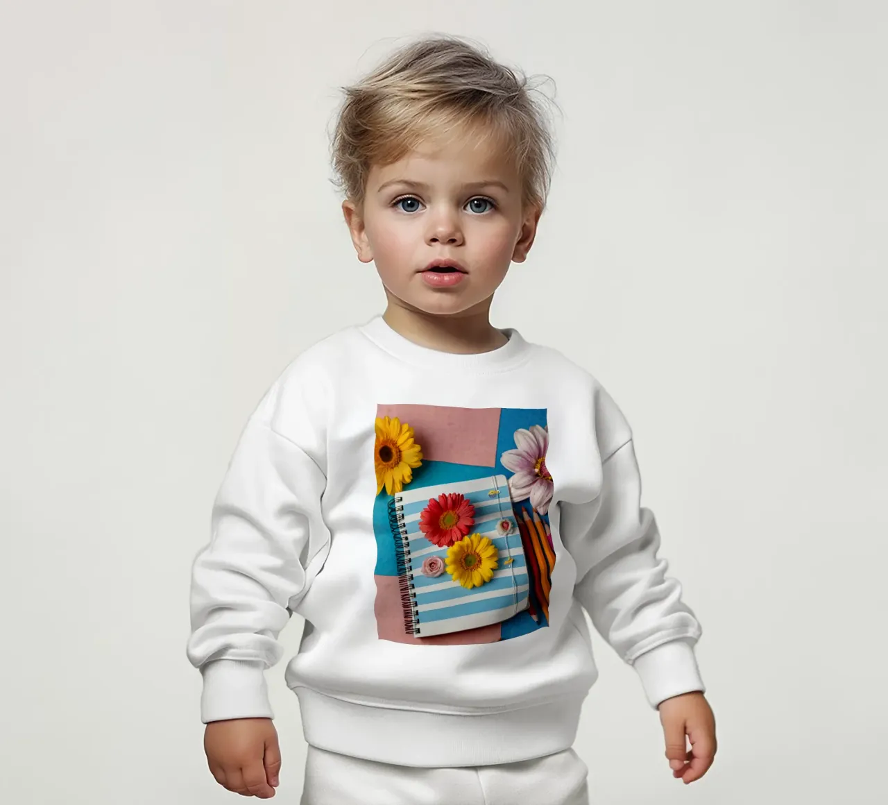Colorful notebook adorned with flowers surrounded by pencils baby sweatshirt by DesignDoodle