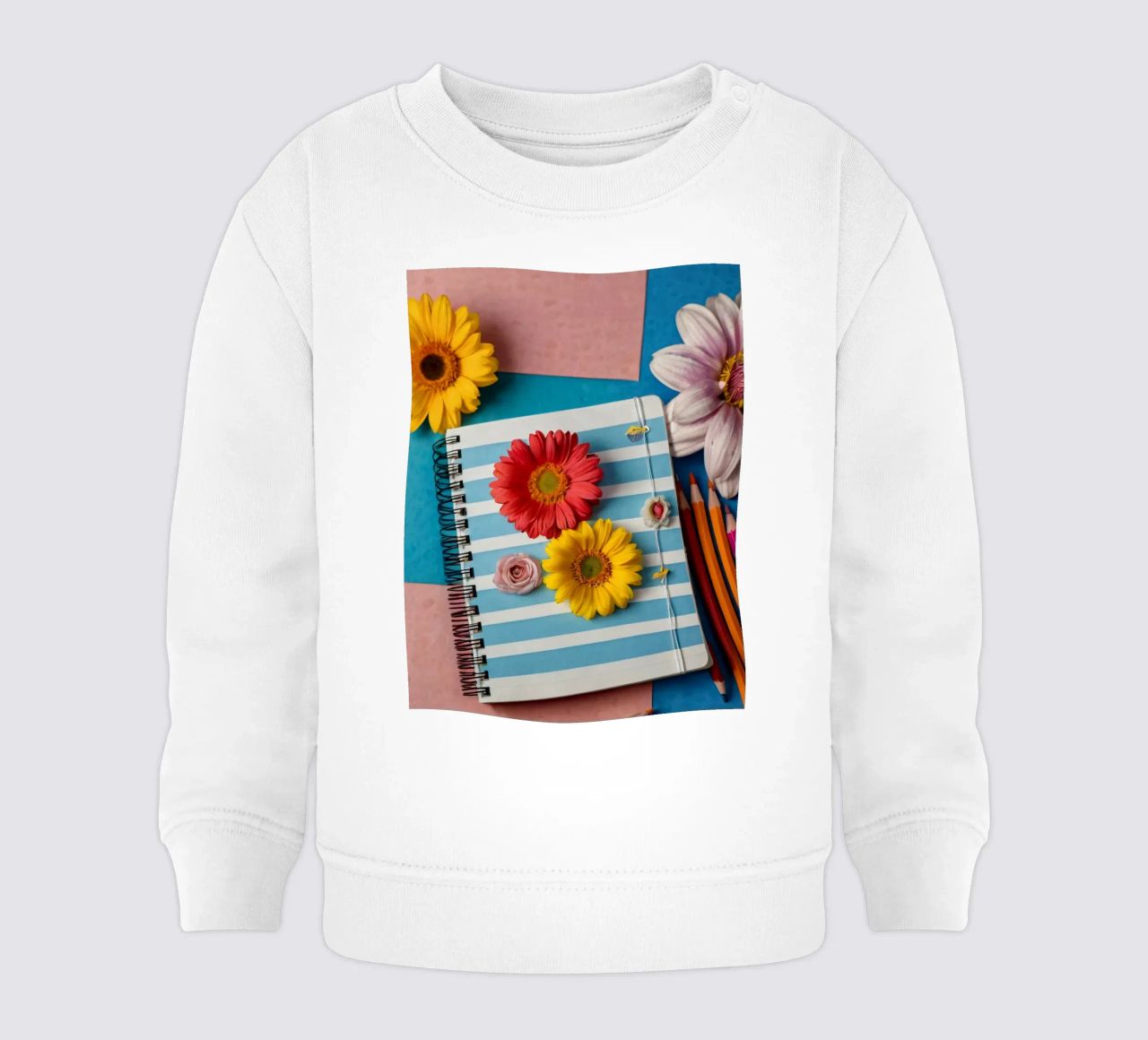 Taccuino colorato ornato di fiori e circondato da matite felpa neonato da DesignDoodle