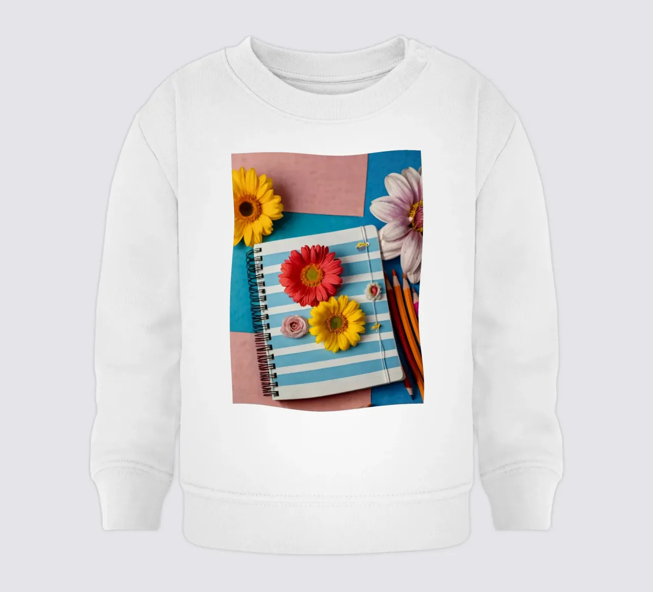 Taccuino colorato ornato di fiori e circondato da matite felpa neonato da DesignDoodle