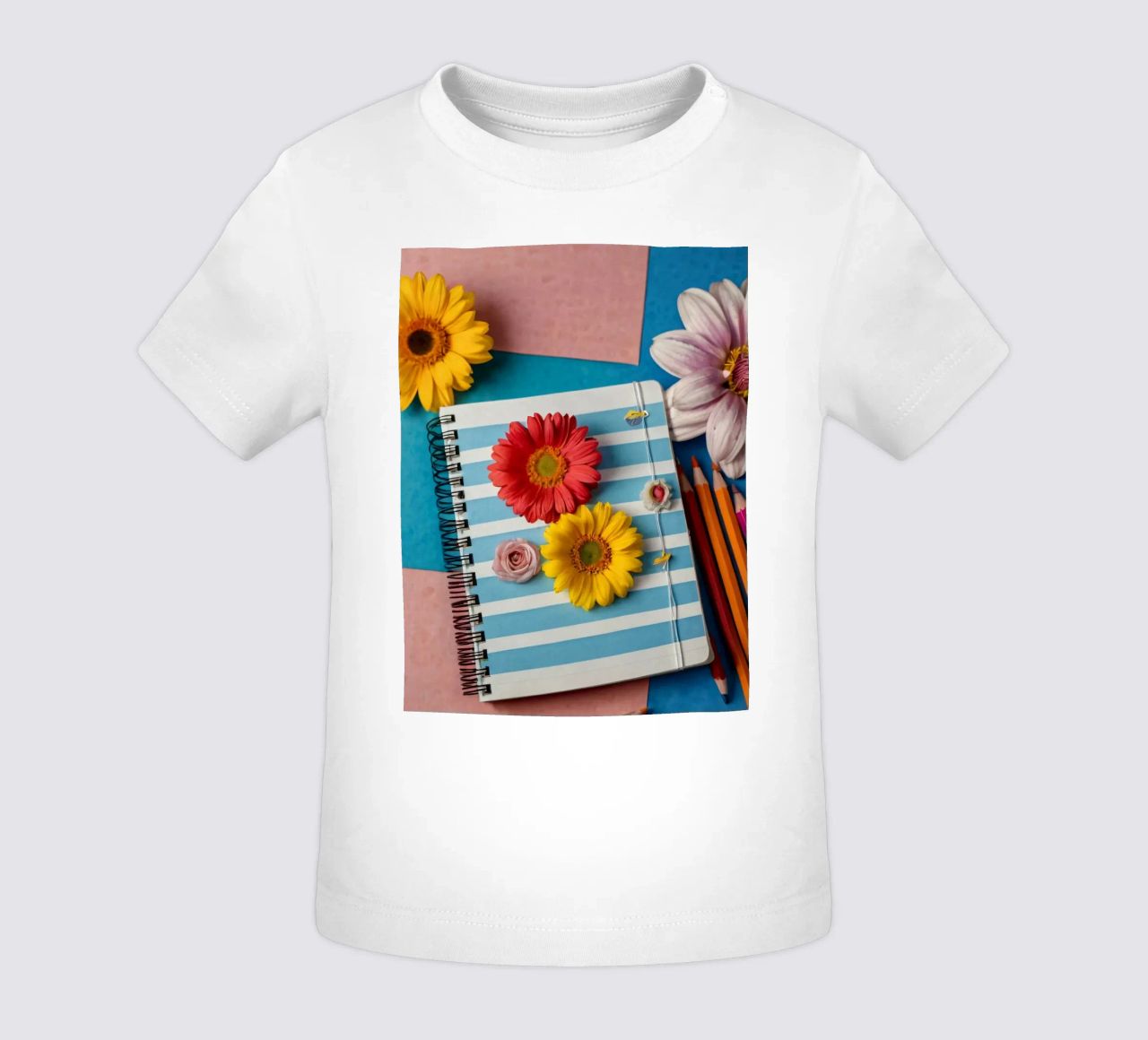 Taccuino colorato ornato di fiori e circondato da matite maglietta neonato da DesignDoodle