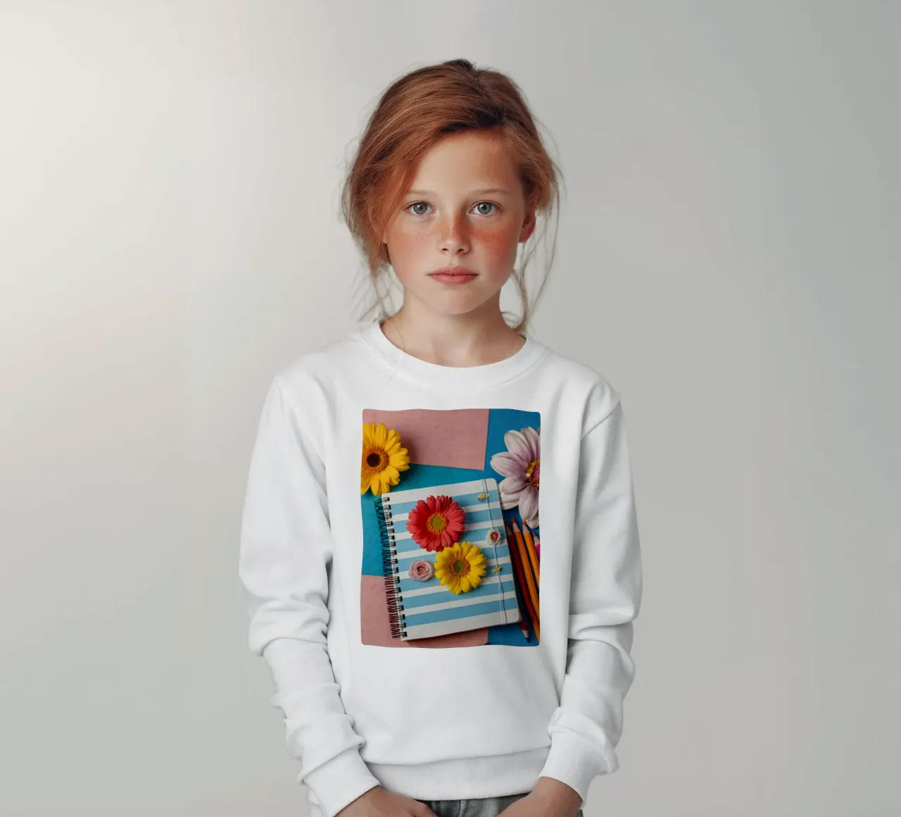 Kleurrijk notitieboekje versierd met bloemen omringd door potloden kinder sweatshirt van DesignDoodle