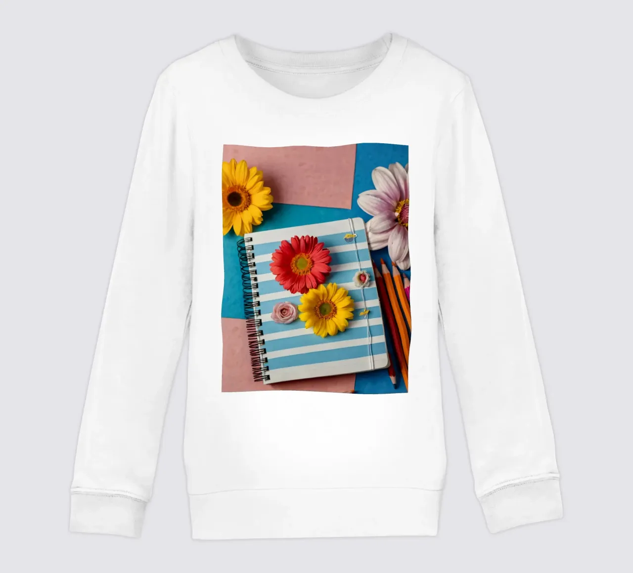 Kleurrijk notitieboekje versierd met bloemen omringd door potloden kinder sweatshirt van DesignDoodle