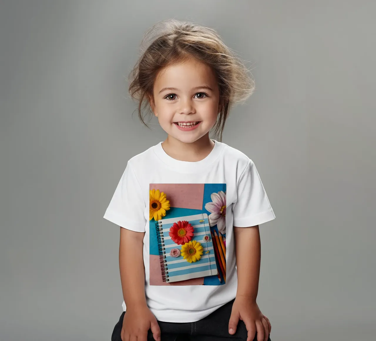 Taccuino colorato ornato di fiori e circondato da matite t-shirt bambini da DesignDoodle