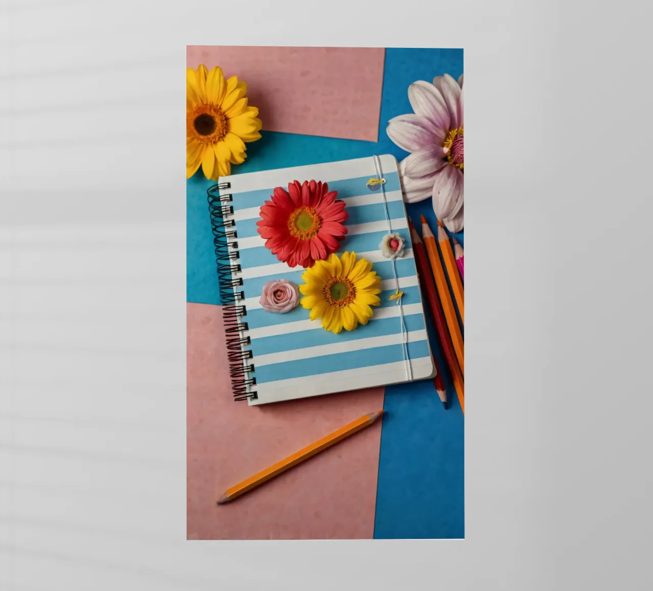 Taccuino colorato ornato di fiori e circondato da matite pellicola backlit da DesignDoodle