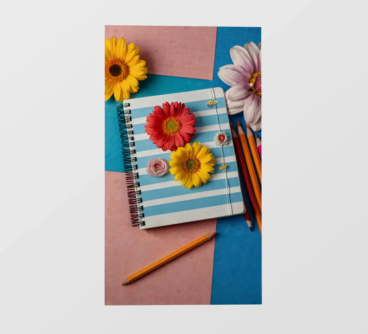 Taccuino colorato ornato di fiori e circondato da matite pellicola backlit da DesignDoodle