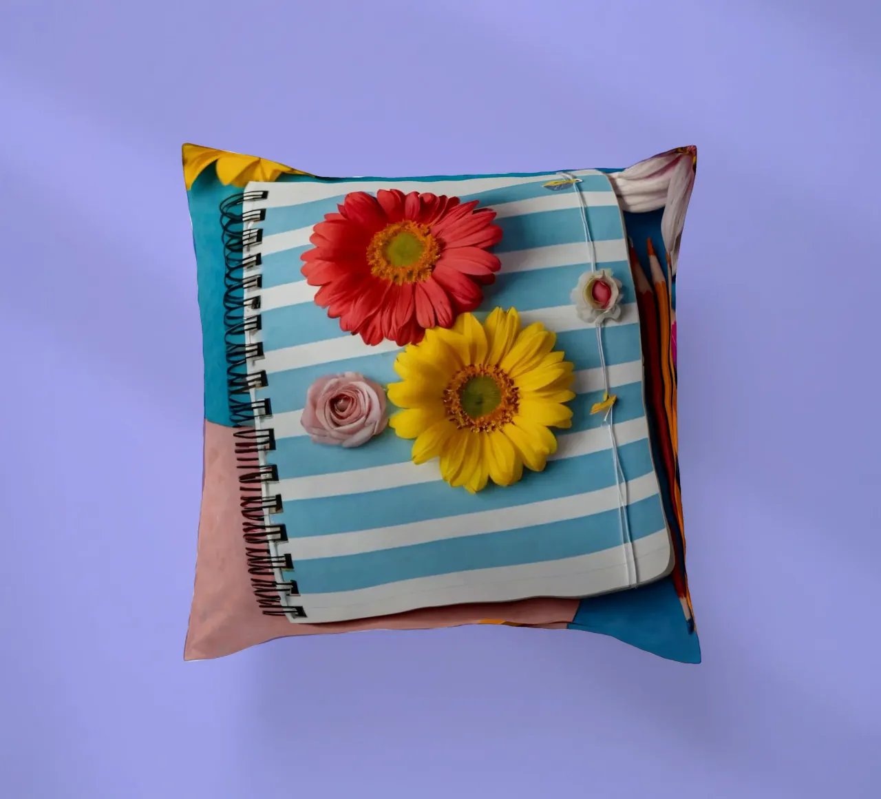 Kleurrijk notitieboekje versierd met bloemen omringd door potloden kussen van DesignDoodle