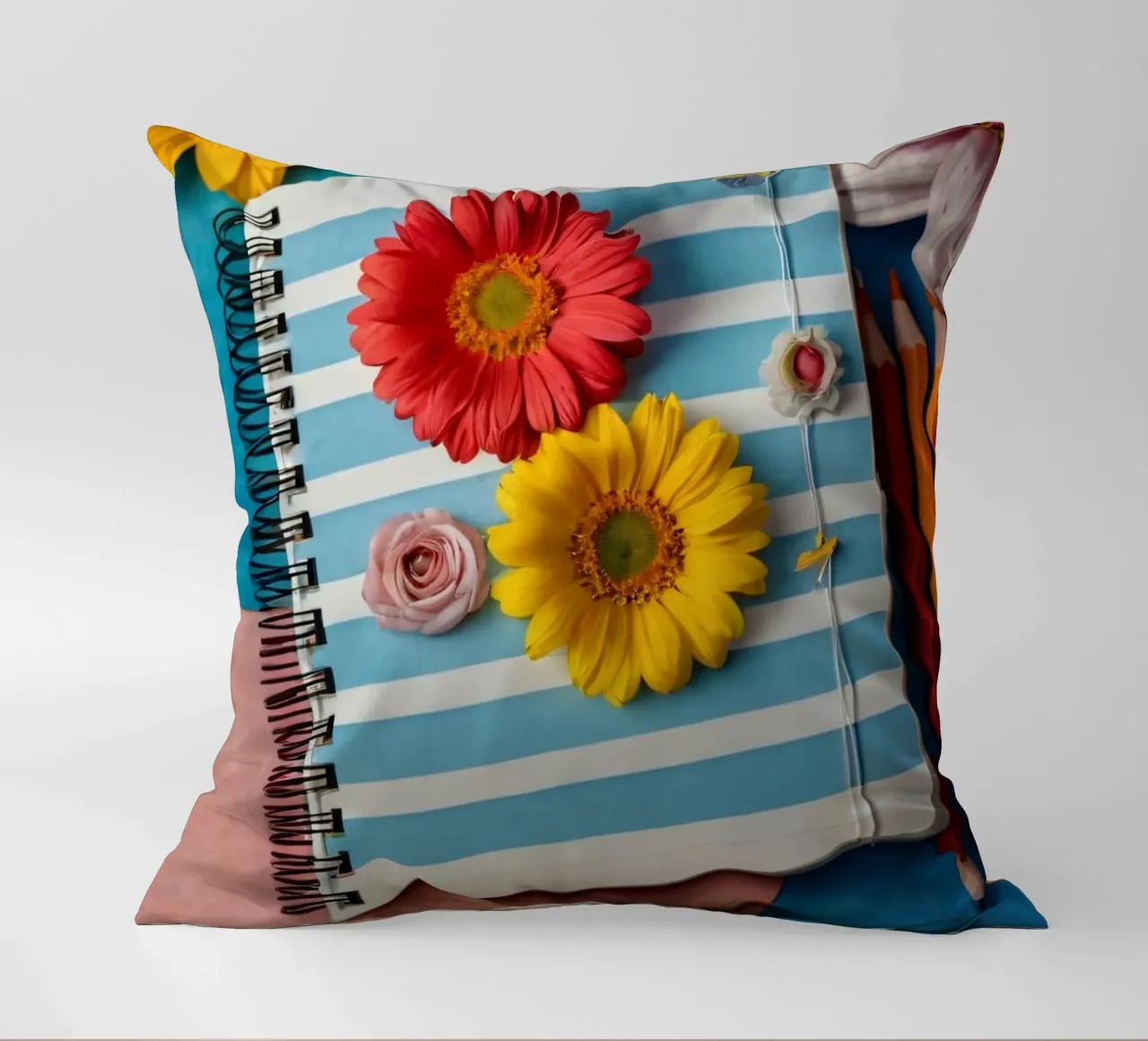 Taccuino colorato ornato di fiori e circondato da matite cuscino da DesignDoodle