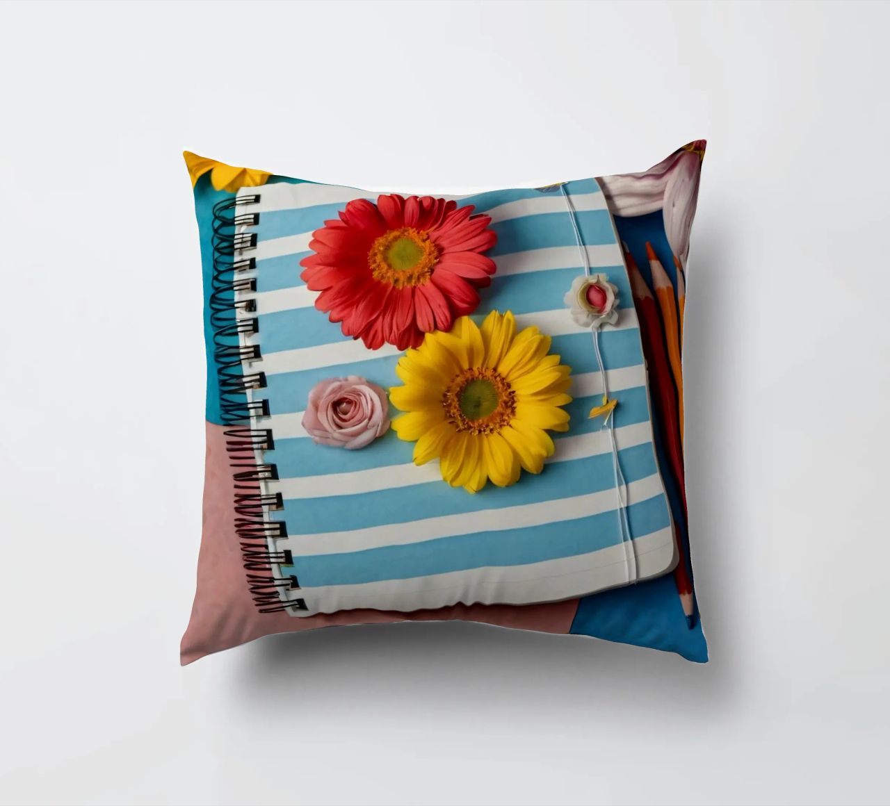 Taccuino colorato ornato di fiori e circondato da matite cuscino da DesignDoodle