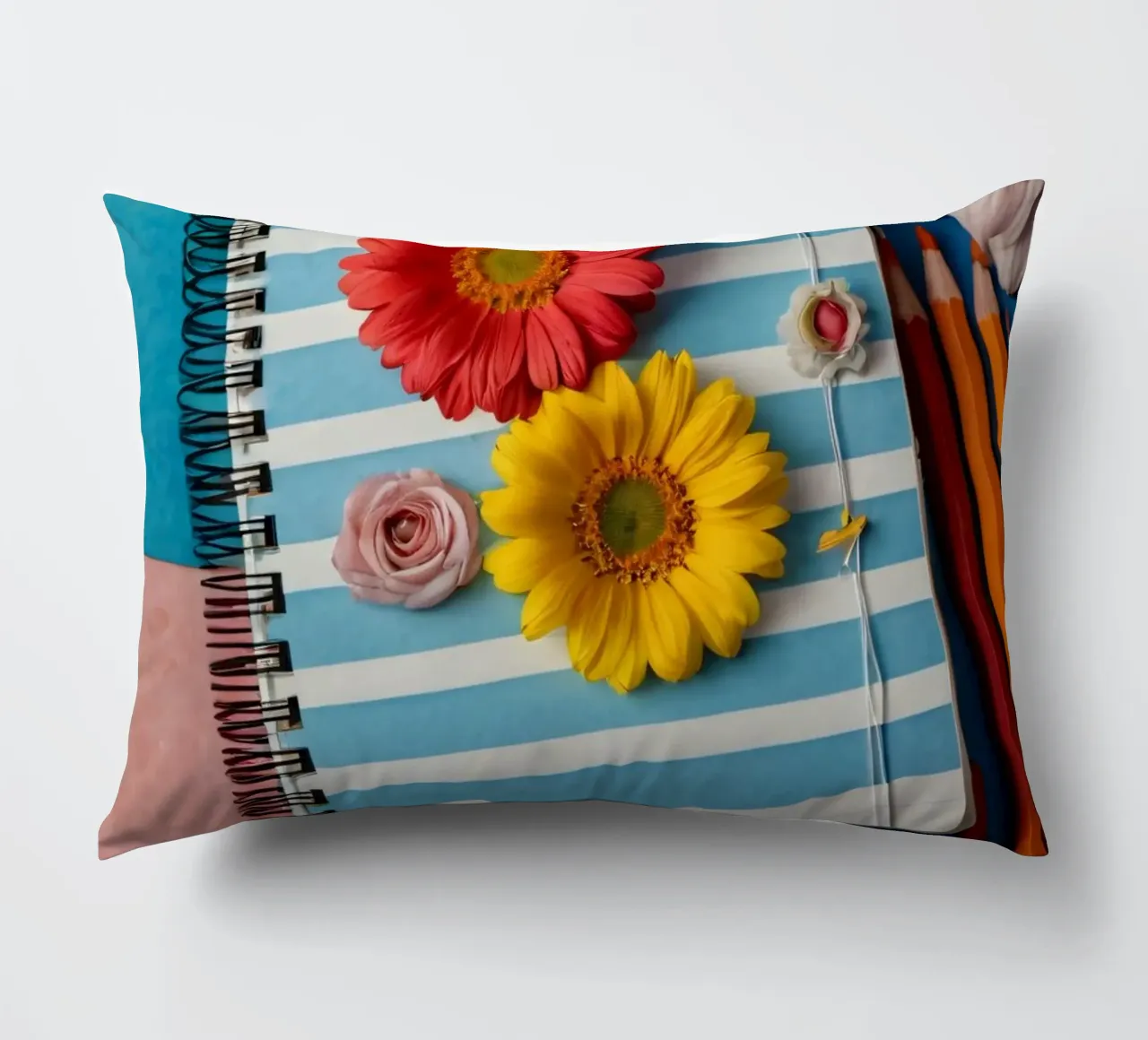 Taccuino colorato ornato di fiori e circondato da matite cuscino da DesignDoodle