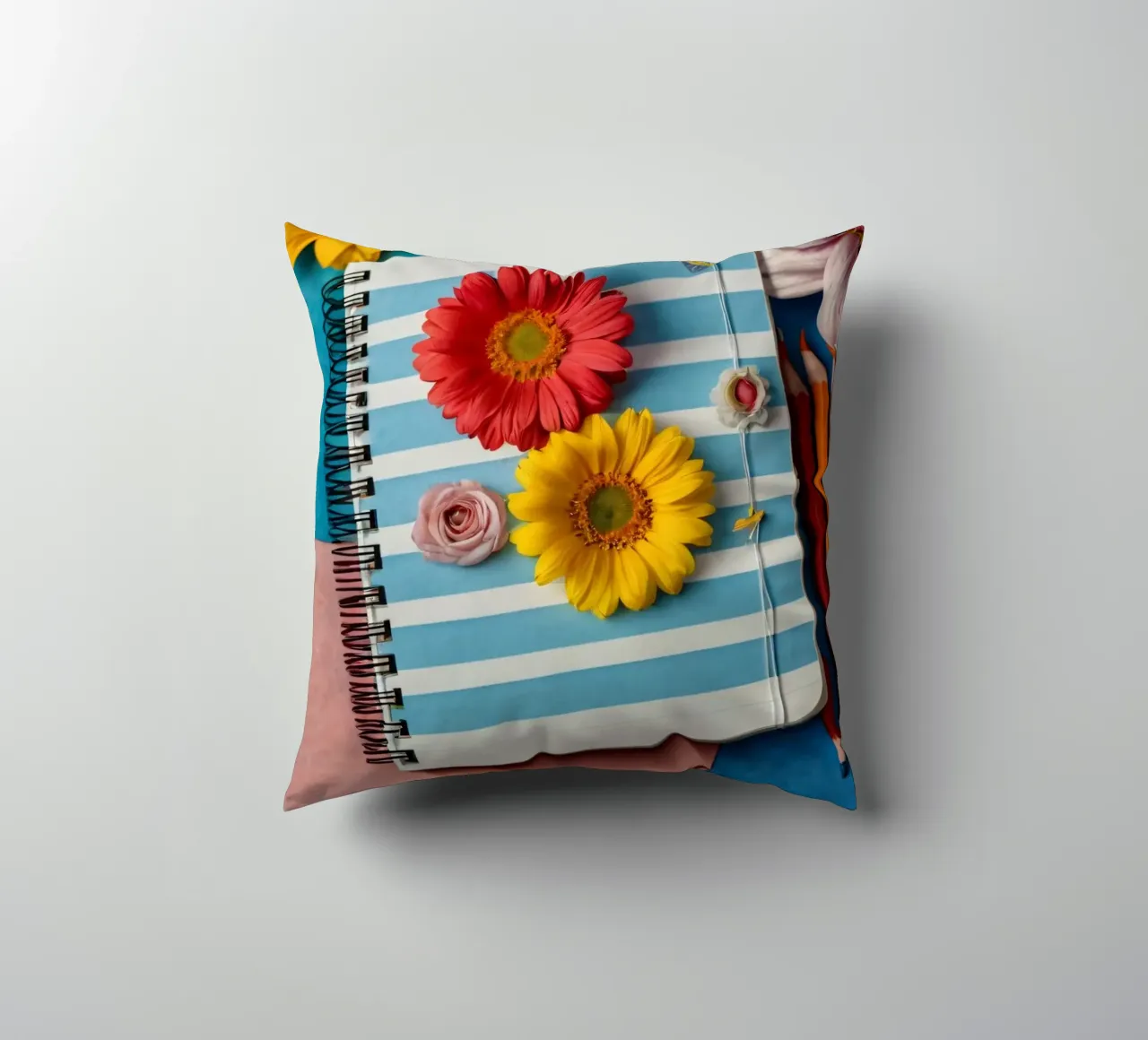 Taccuino colorato ornato di fiori e circondato da matite cuscino da DesignDoodle