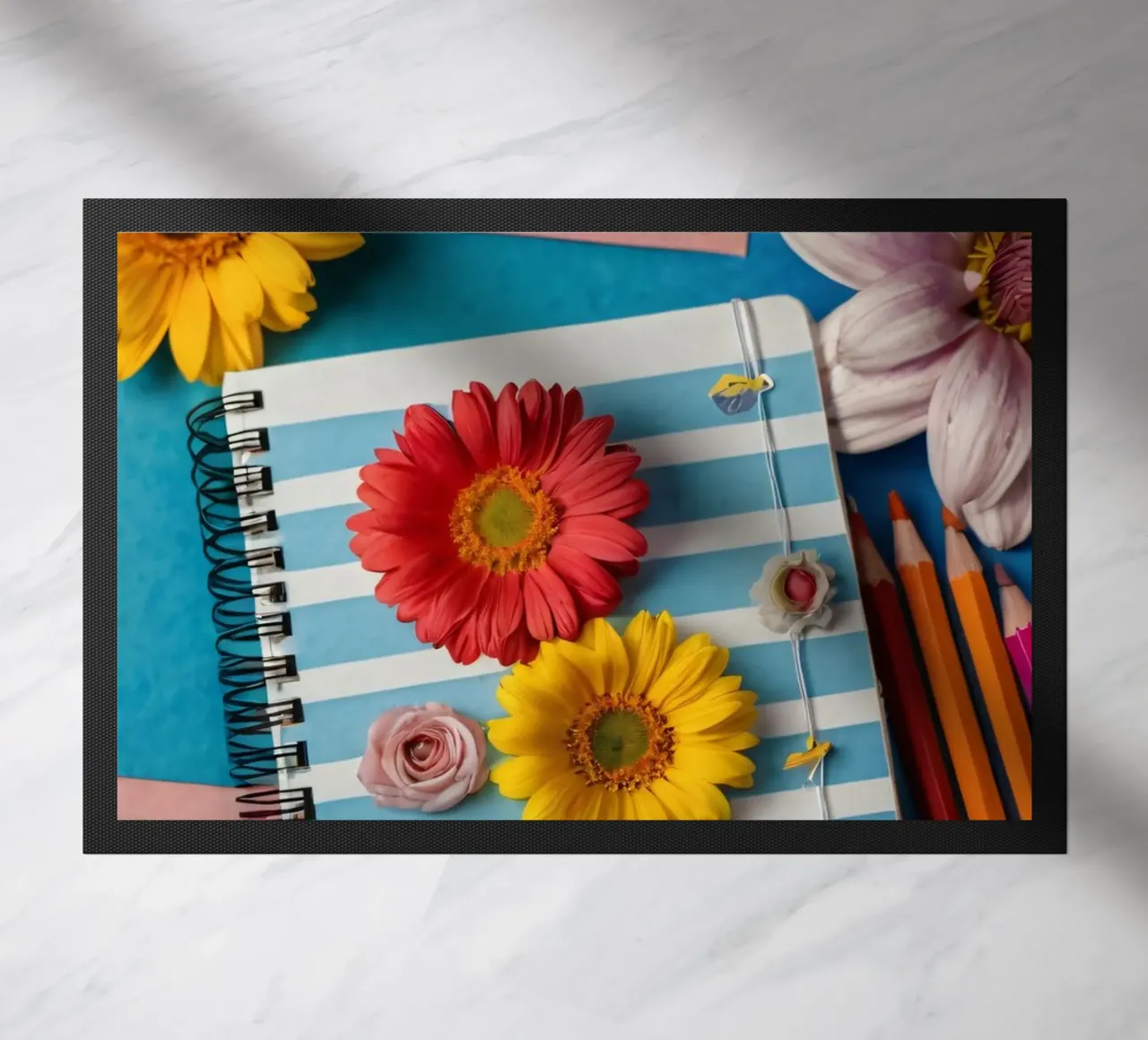 Kleurrijk notitieboekje versierd met bloemen omringd door potloden deurmat van DesignDoodle