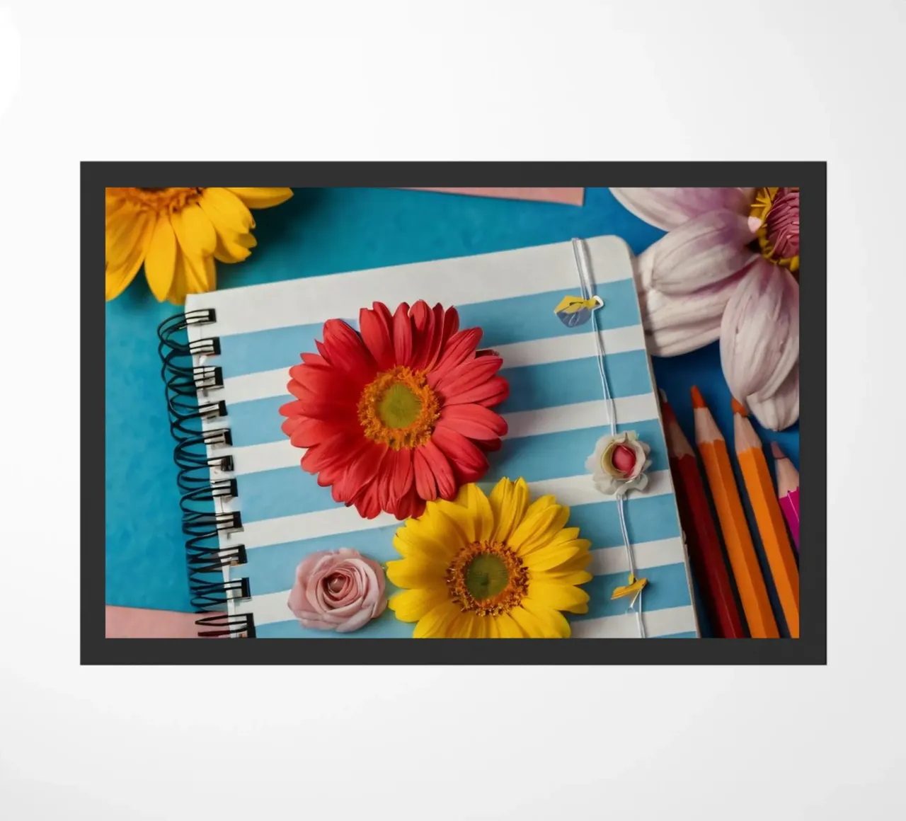 Kleurrijk notitieboekje versierd met bloemen omringd door potloden deurmat van DesignDoodle