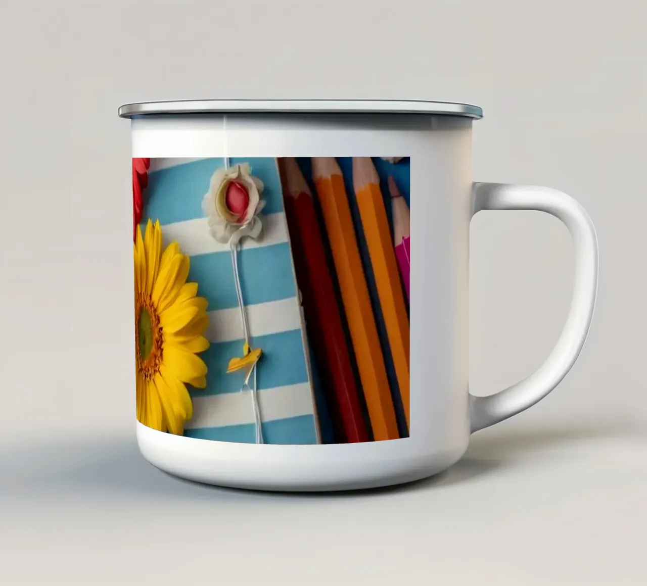 Cahier coloré orné de fleurs entouré de crayons mug en émail de DesignDoodle