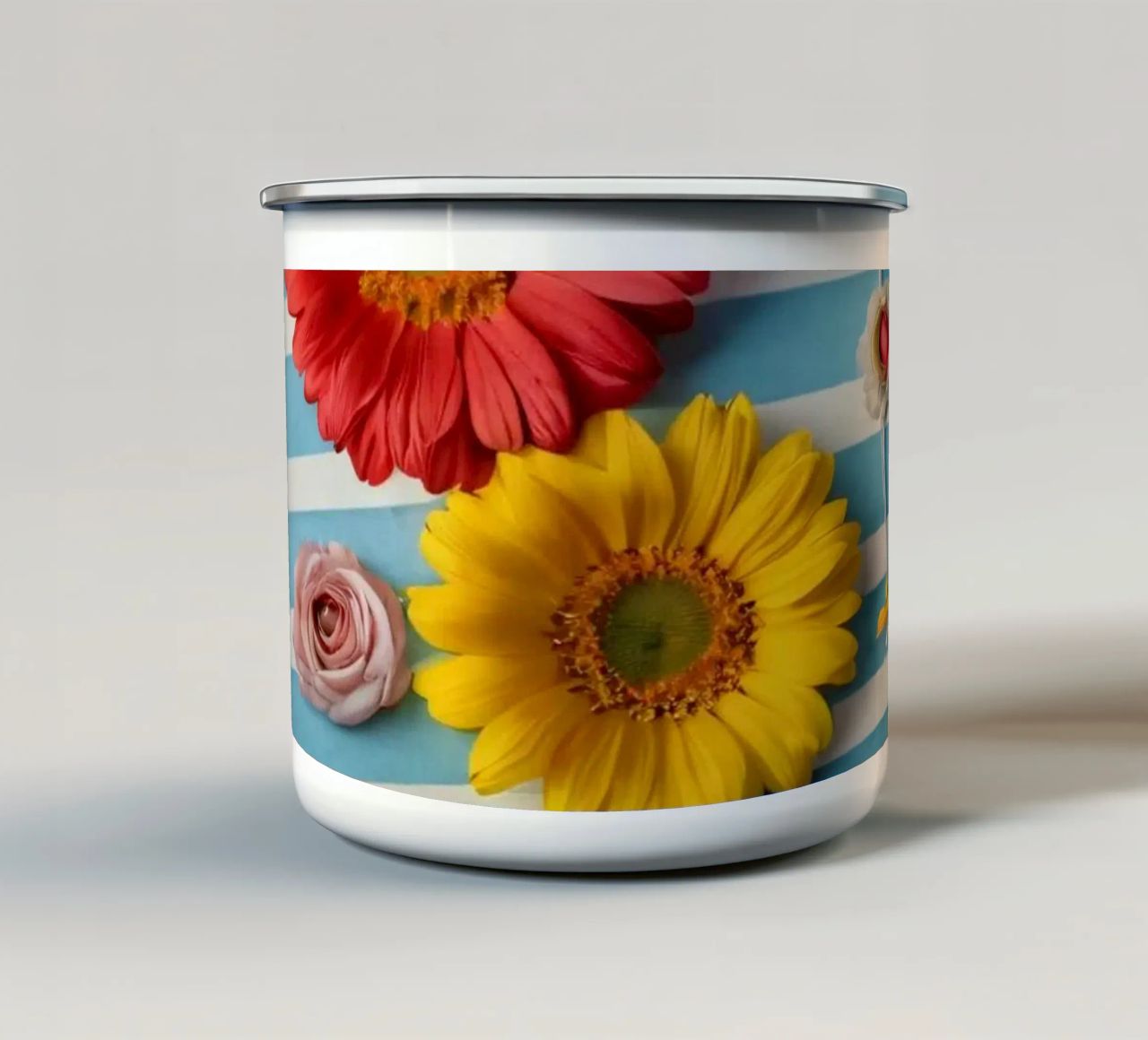 Colorful notebook adorned with flowers surrounded by pencils enamel mug by DesignDoodle