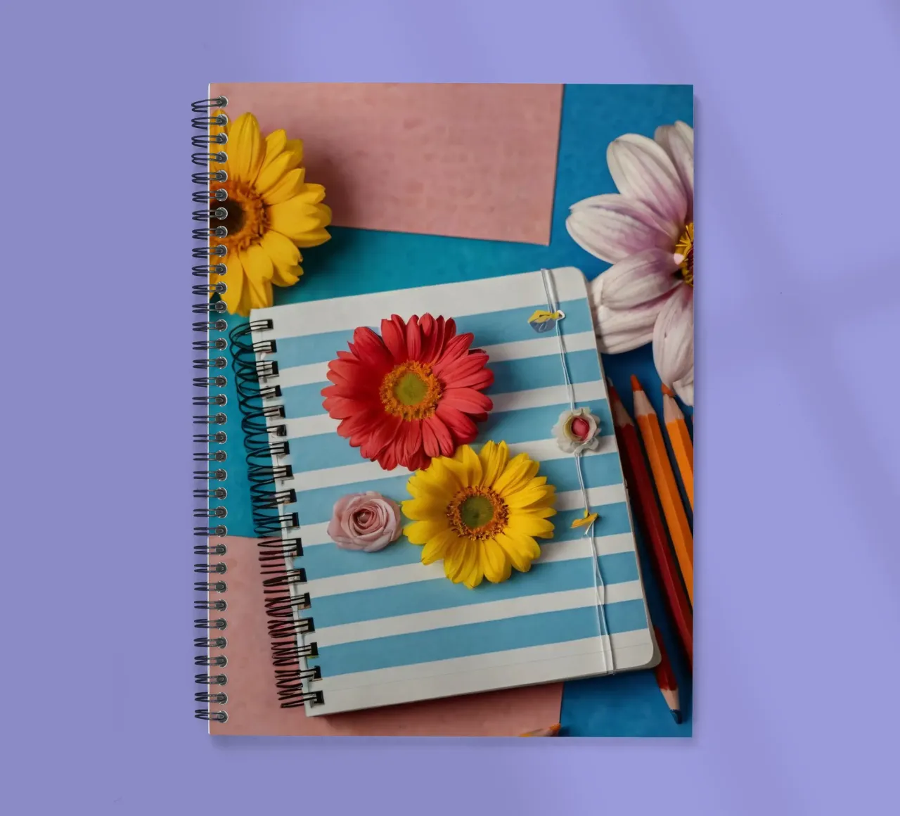 Taccuino colorato ornato di fiori e circondato da matite diario ad anelli da DesignDoodle