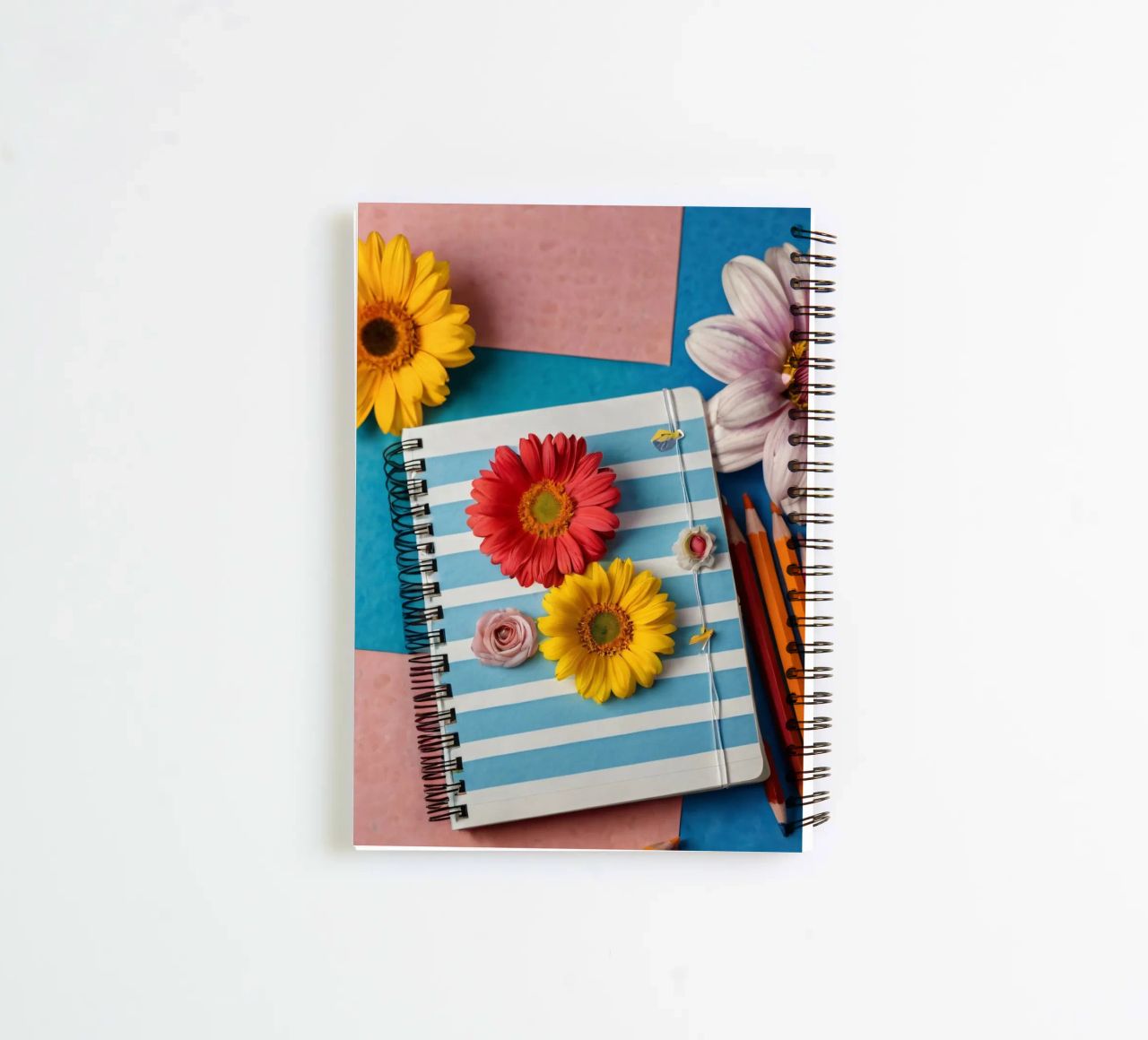 Colorful notebook adorned with flowers surrounded by pencils spiral notebook by DesignDoodle