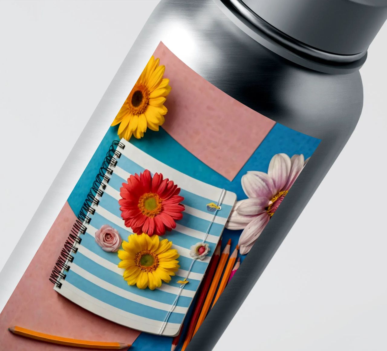 Taccuino colorato ornato di fiori e circondato da matite adesivo da DesignDoodle