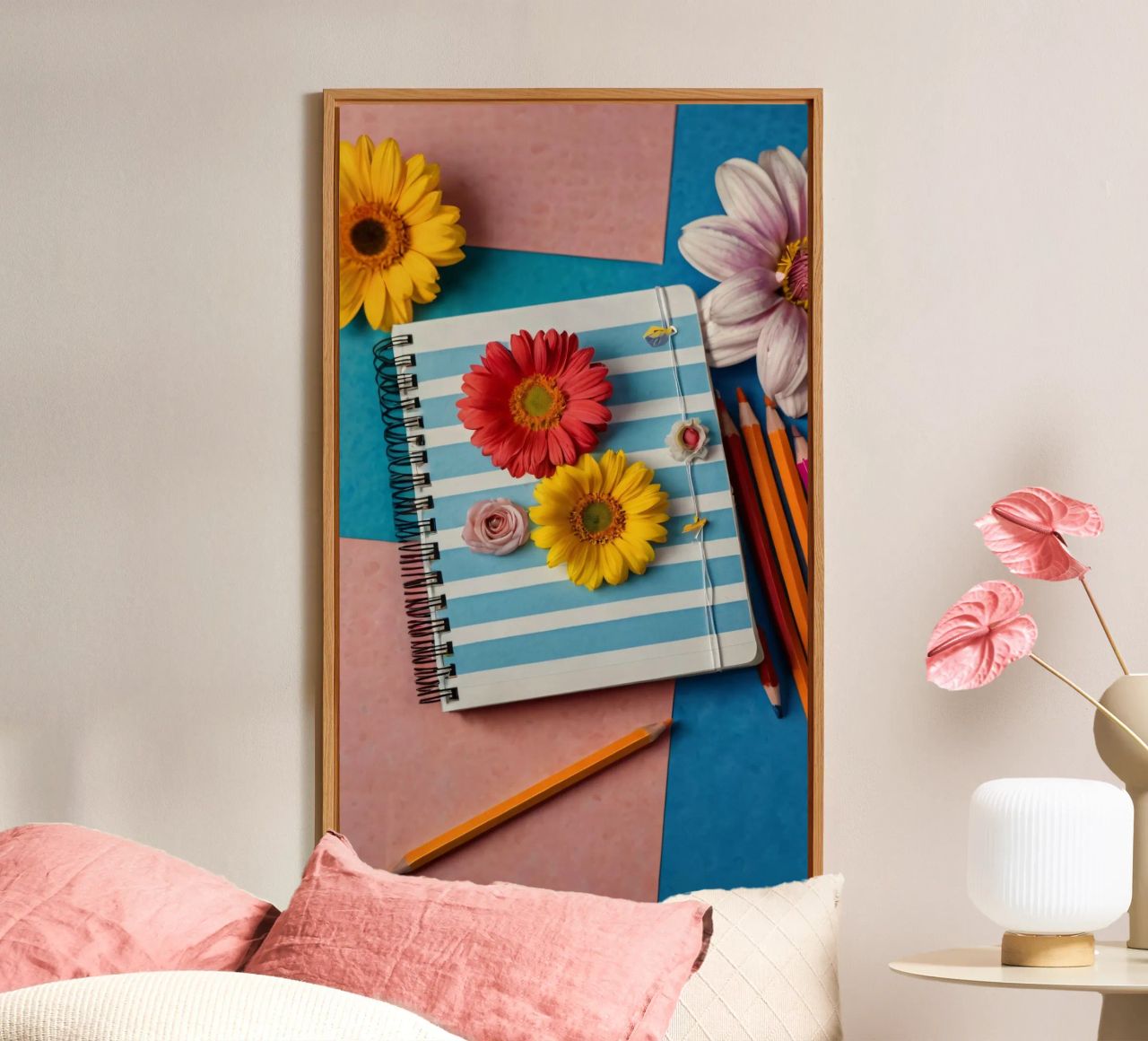 Taccuino colorato ornato di fiori e circondato da matite alluminio dibond da DesignDoodle