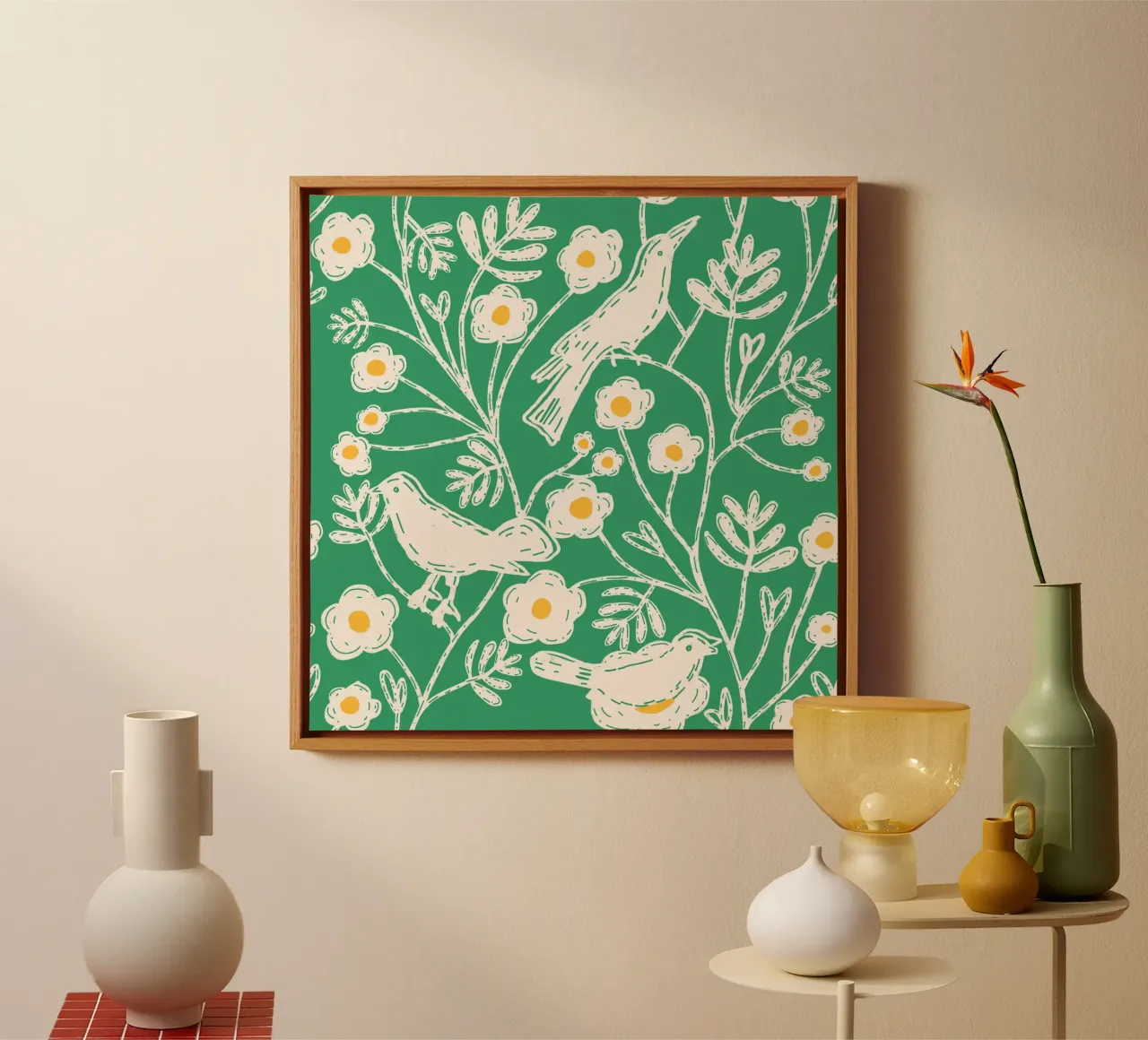 Emerald Garden Vogels - Blokprint Bloemen canvas met Baklijst van susanacosta