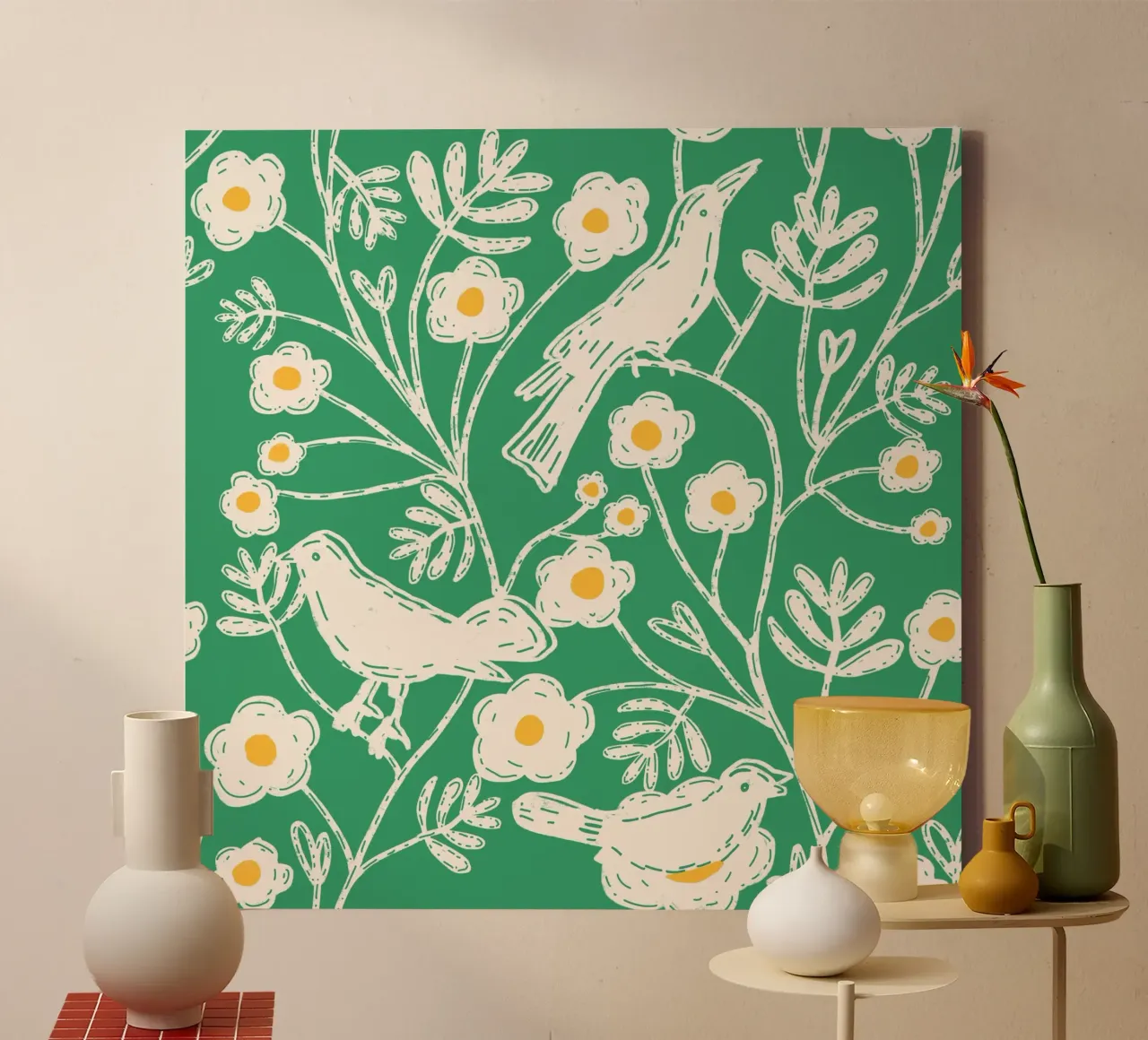 Emerald Garden Vogels - Blokprint Bloemen canvas met Baklijst van susanacosta