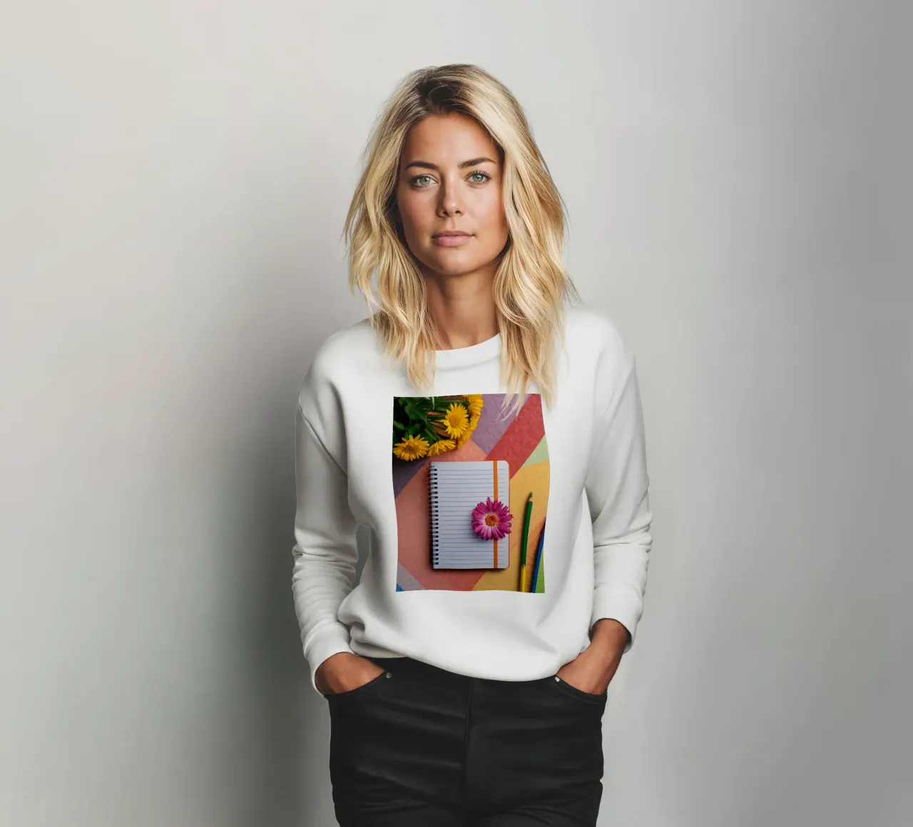 Kleurrijke werkplek met een notitieblok met een bloem sweatshirt van DesignDoodle