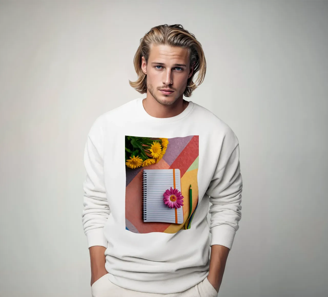 Kleurrijke werkplek met een notitieblok met een bloem sweatshirt van DesignDoodle