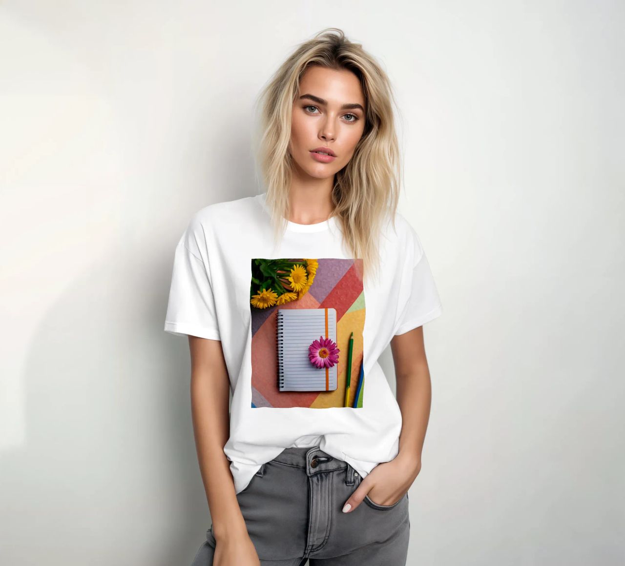 Uno spazio di lavoro colorato con un taccuino con un fiore t-shirt da DesignDoodle