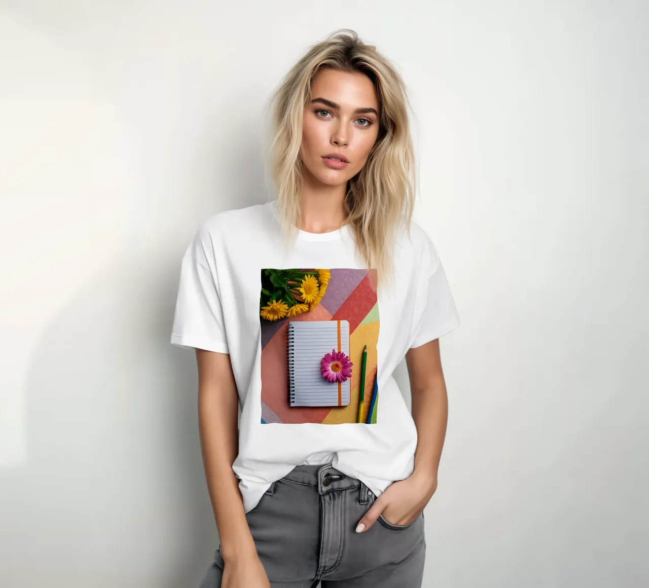 Uno spazio di lavoro colorato con un taccuino con un fiore t-shirt da DesignDoodle